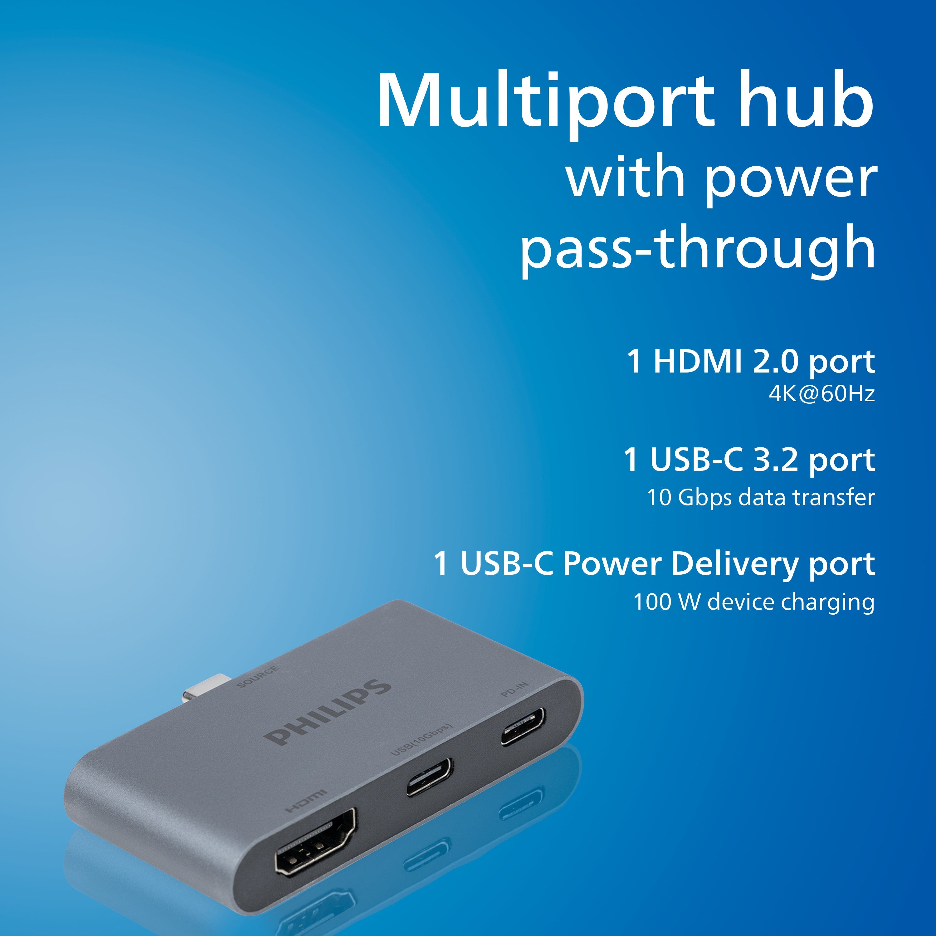 Philips USB-C and HDMI Multiport Hub With Power Pass-Through, Silver