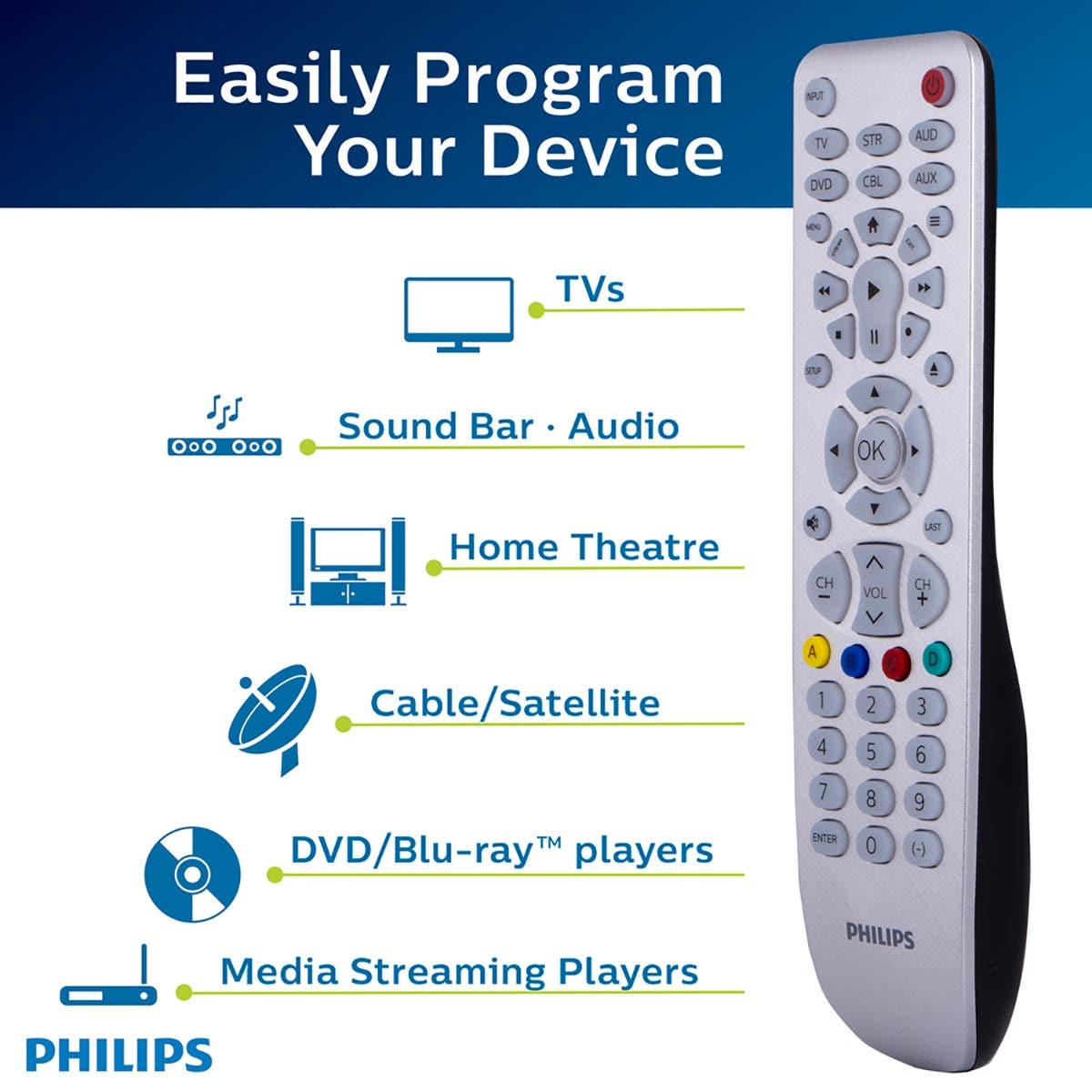 Philips Elite 6-Device Backlit Universal Remote, Brushed Silver