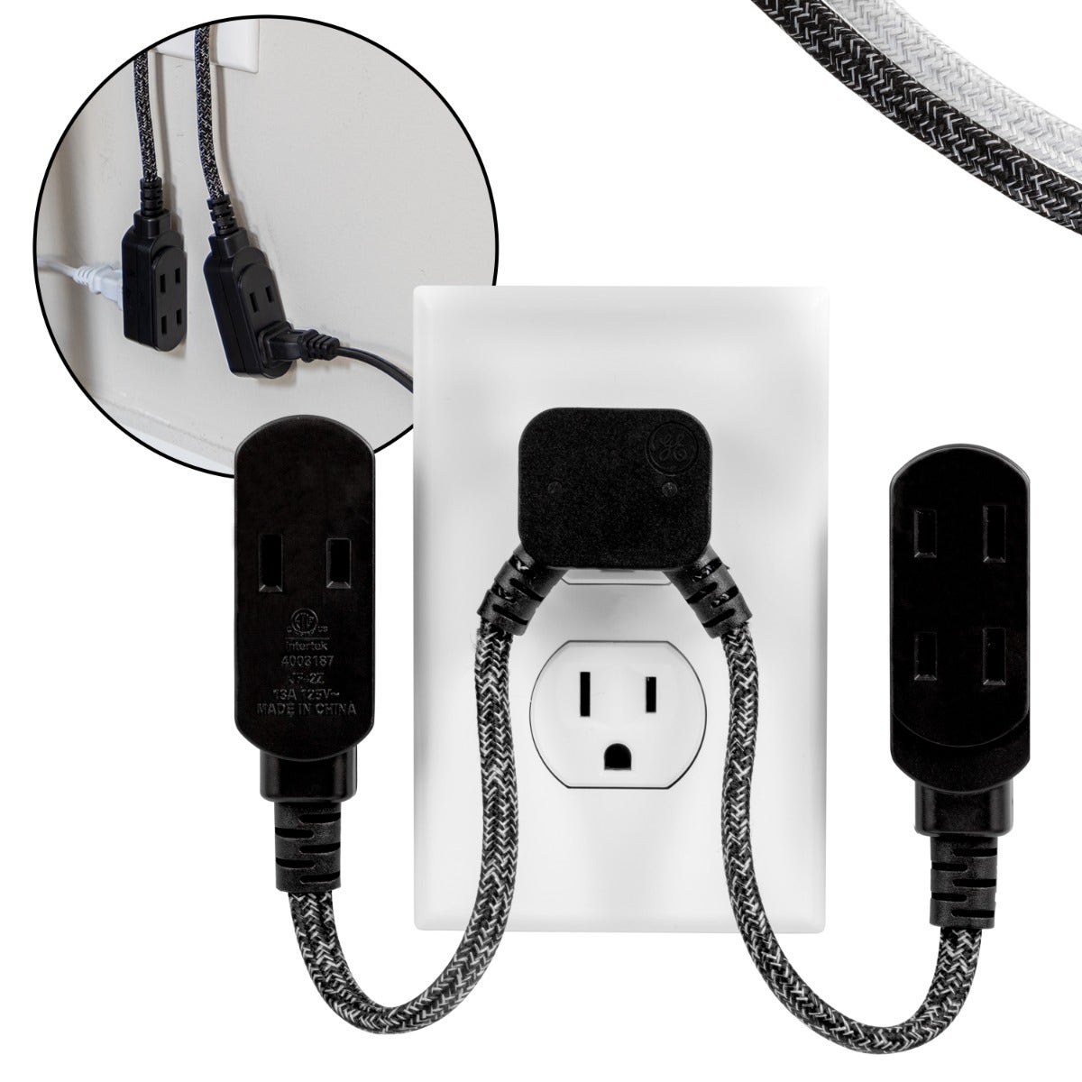 GE 3-Outlet 10in. Dual Split Extension Cord, Black