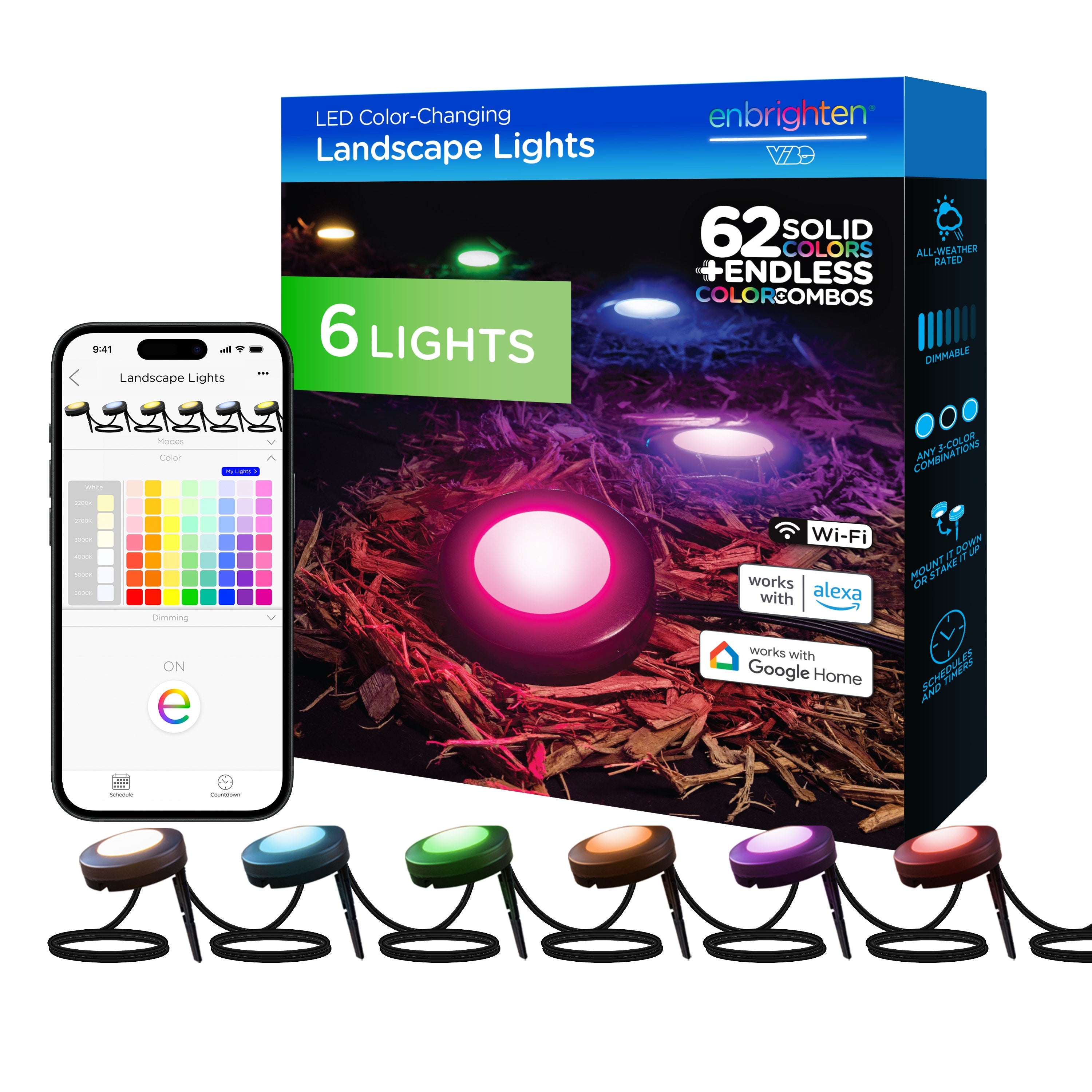 Enbrighten WiFi VIBE Color-Changing LED Landscape Lights, 6 Lights, 50ft. Black Cord