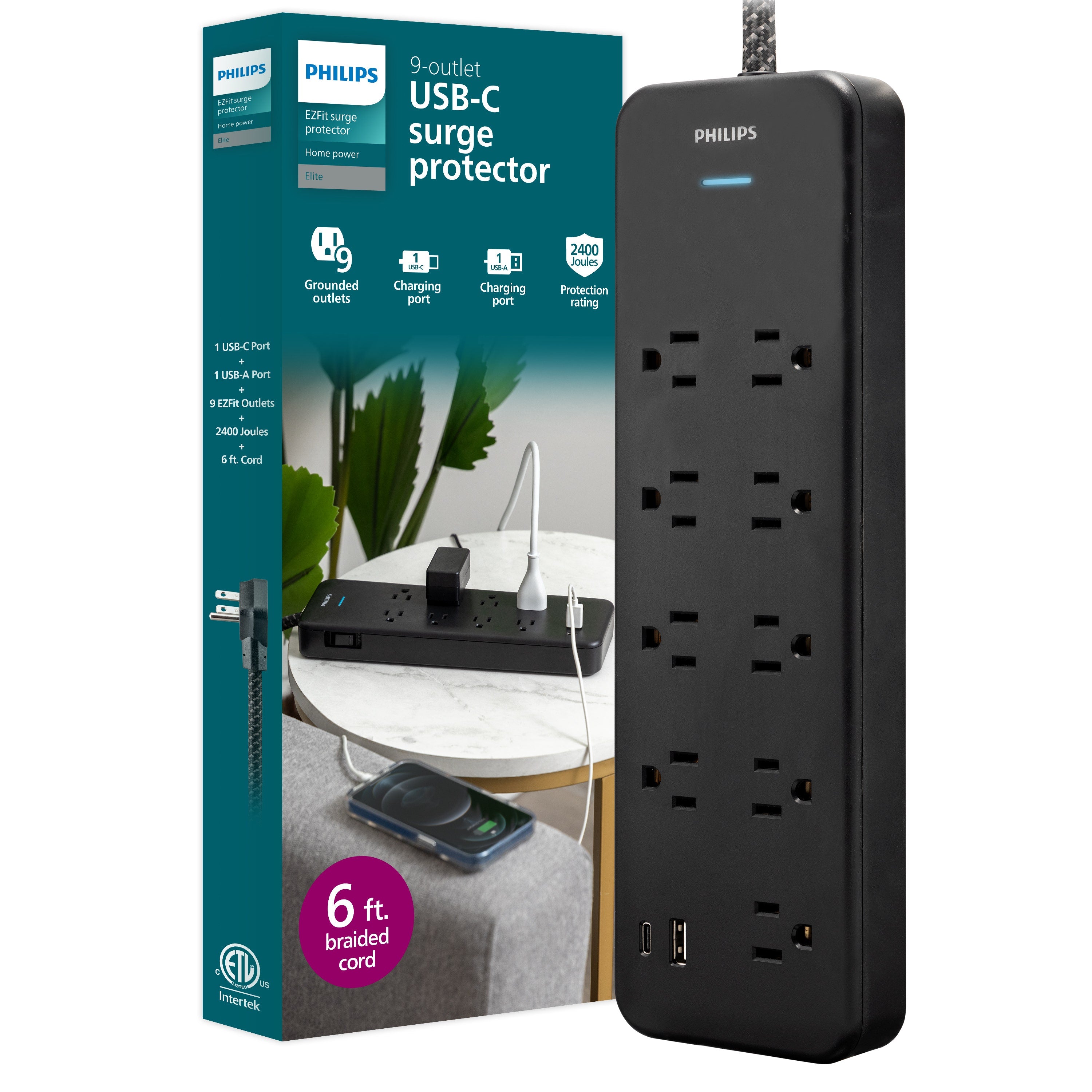 Philips 9-Outlet 6ft. 1 USB-A 1 USB-C Surge Protector With Adapter-Spaced Outlets, Black