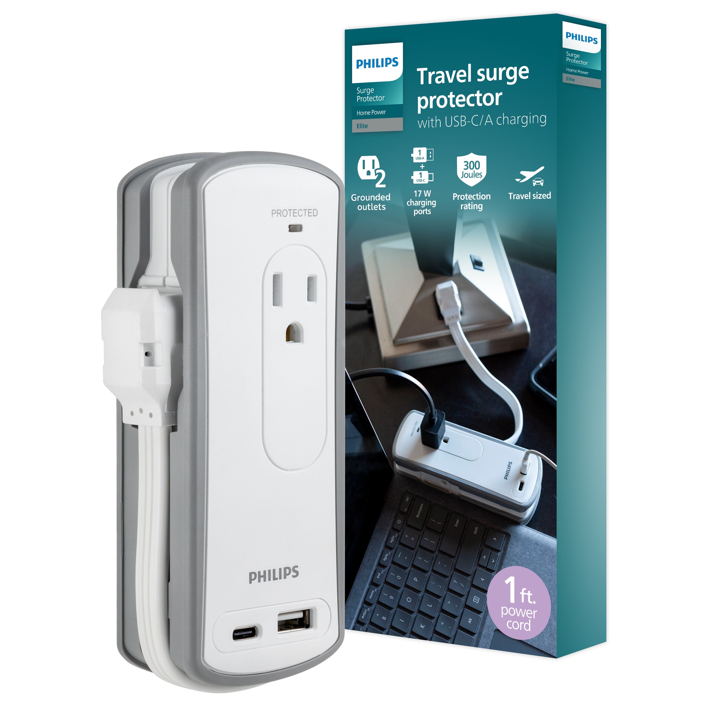 Philips 2-Outlet 2-USB Travel Charging Station with Surge Protection, White/Gray