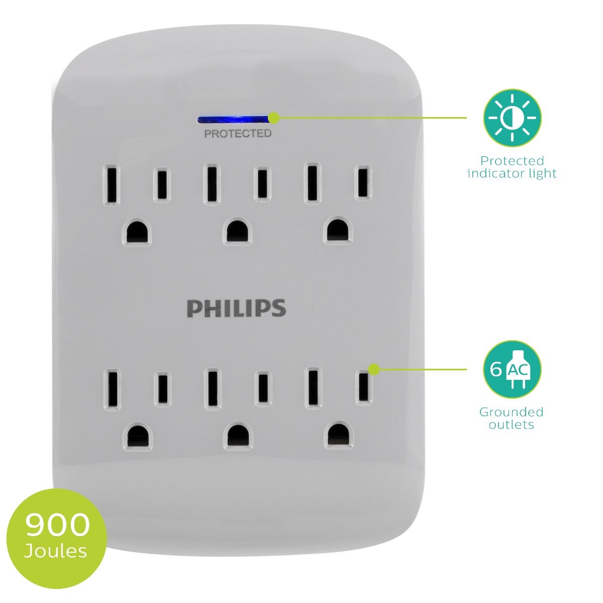 Philips 6-Outlet Wall Tap with Surge Protection, 4 Pack, Gray