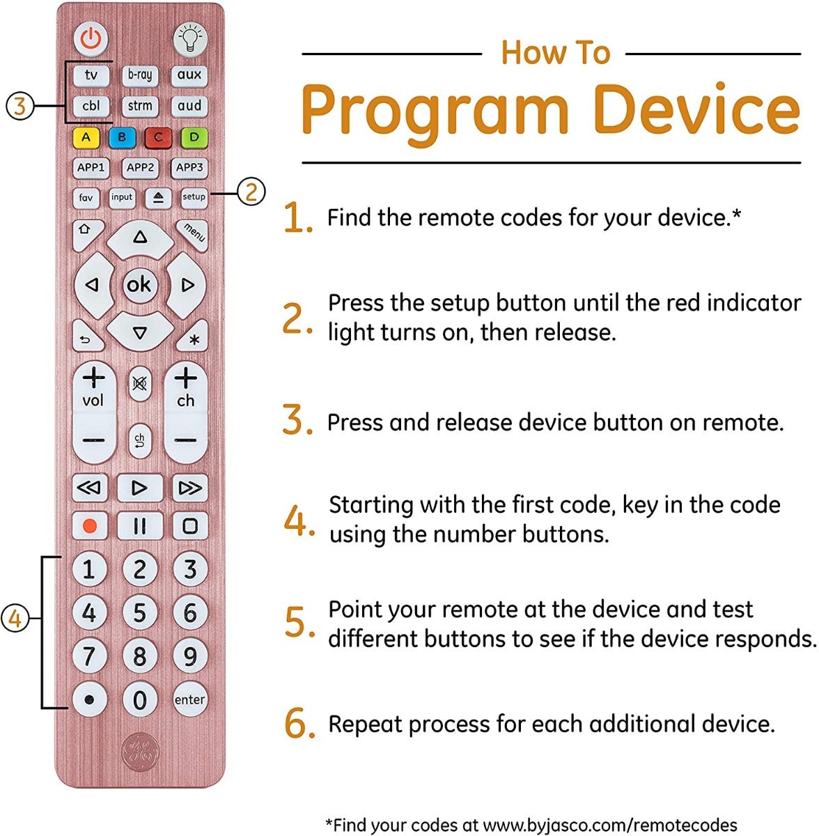 GE 6-Device Backlit Universal Remote, Brushed Rose Gold