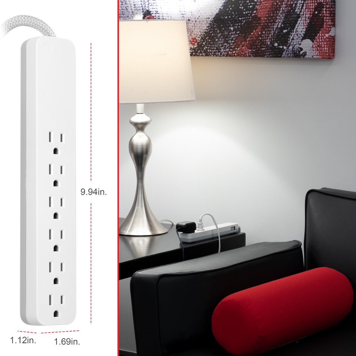 GE 6-Outlet 10ft. Surge Protector with Braided Cord, White