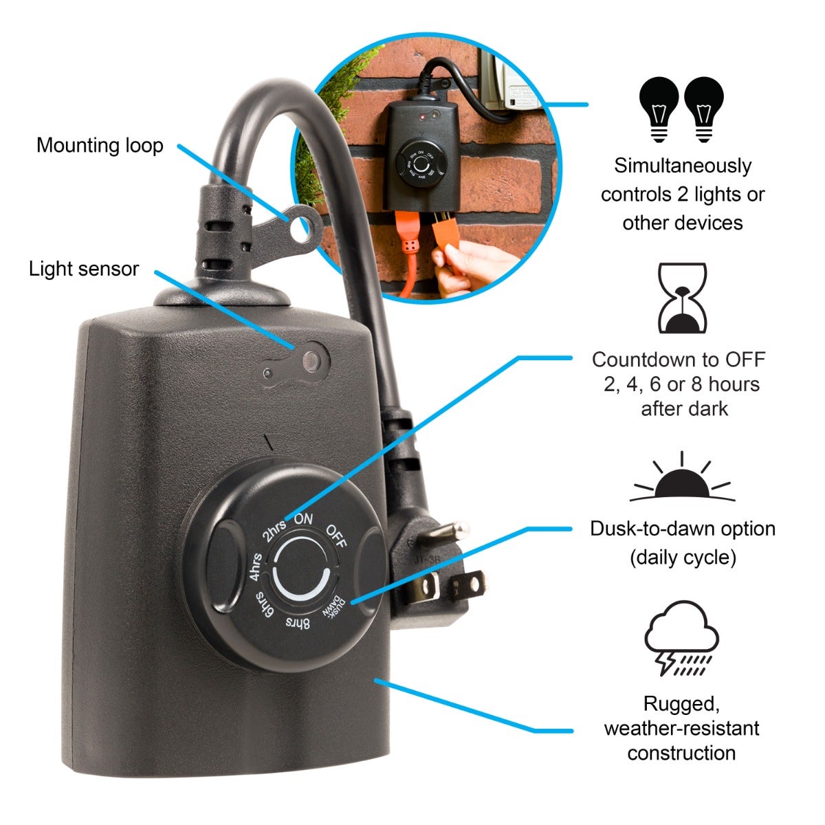 GE Outdoor 2-Outlet Photocell Timer, Black