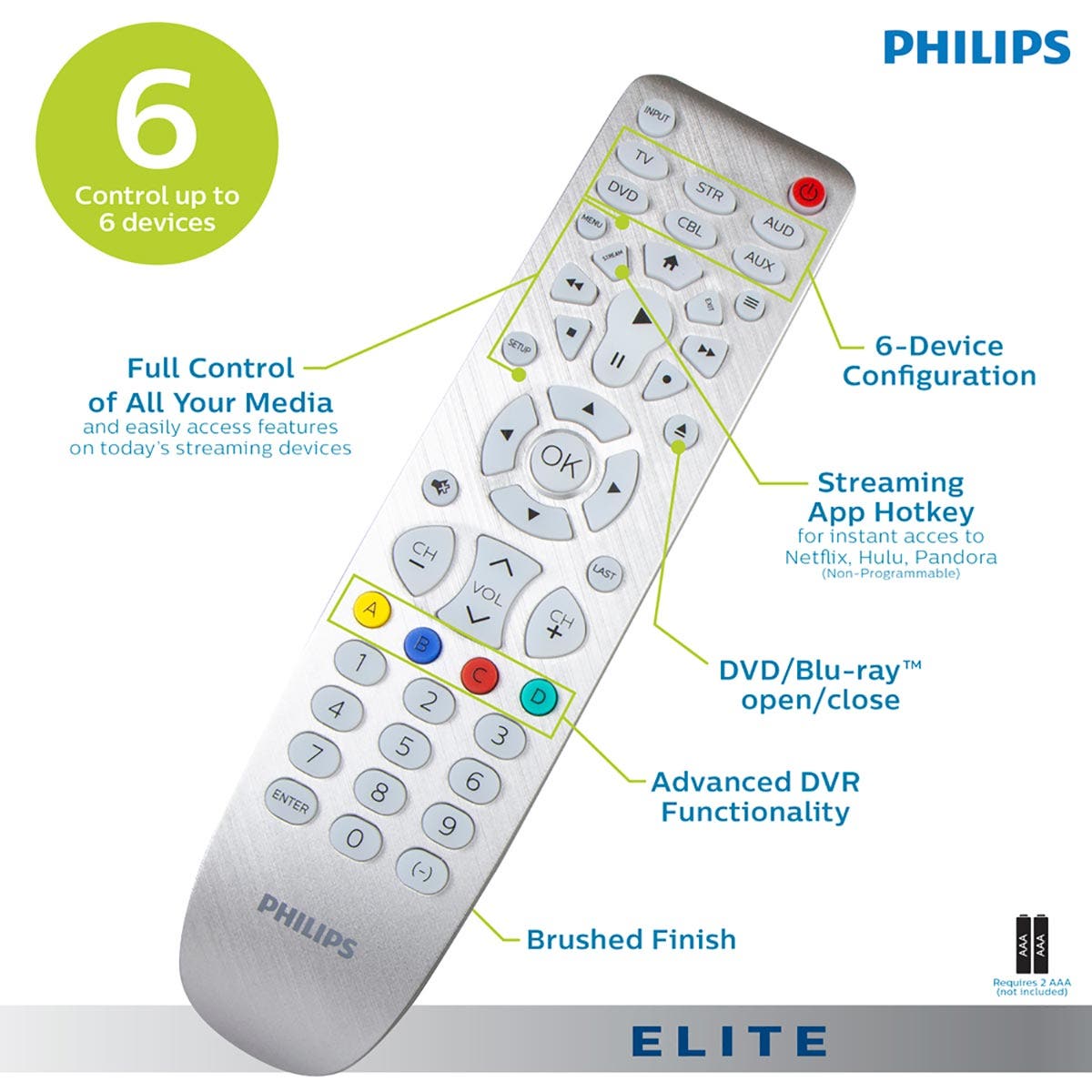 Philips Elite 6-Device Backlit Universal Remote, Brushed Silver