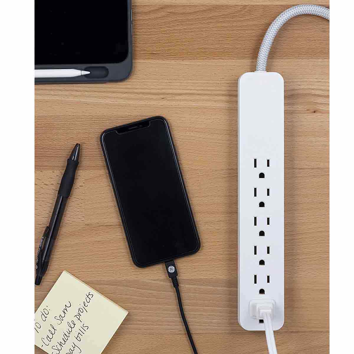 GE UltraPro 6-Outlet 2ft. Surge Protector with Braided Cord, White