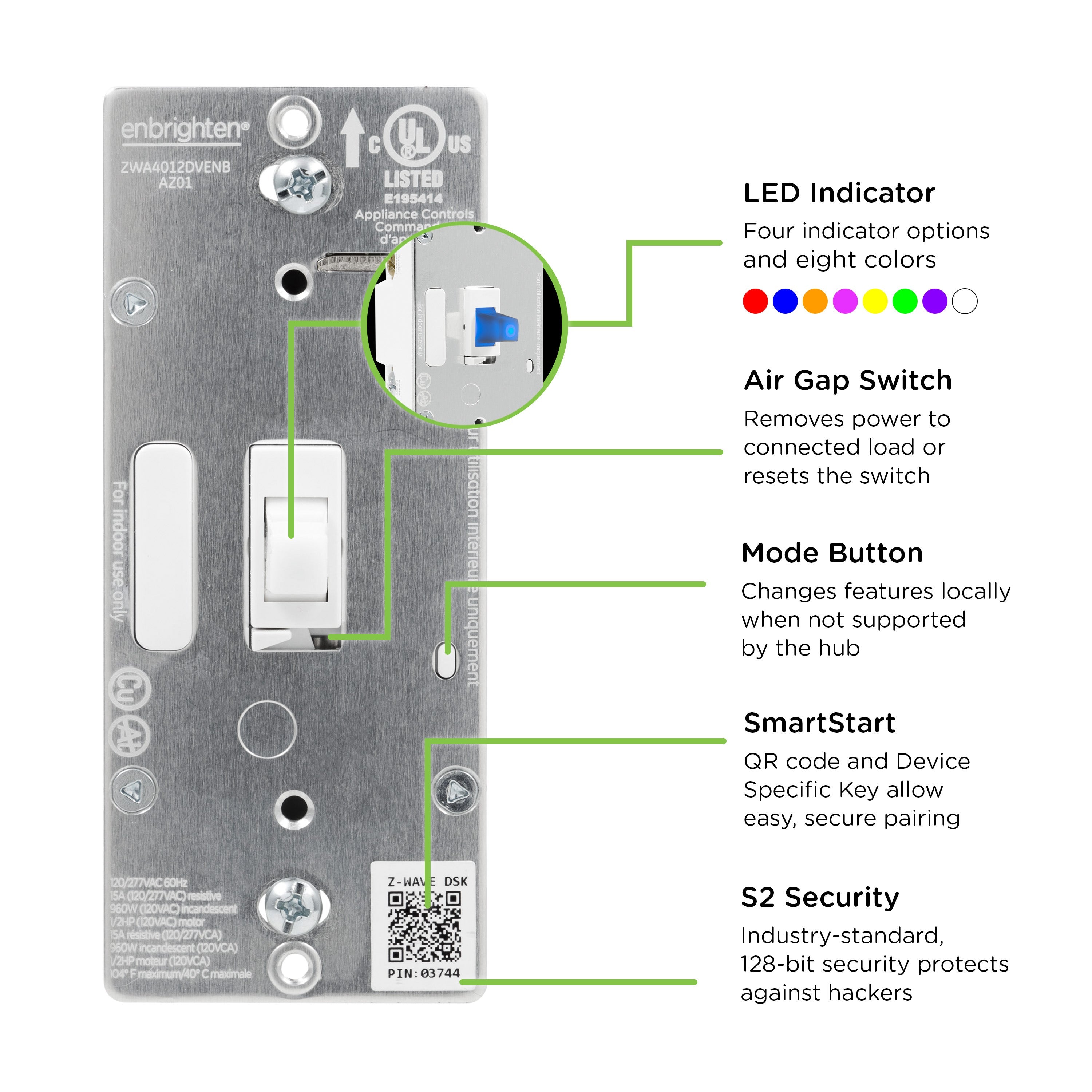 Enbrighten Z-Wave Plus Commercial Grade In-Wall Smart Toggle Switch, 700 Series, White