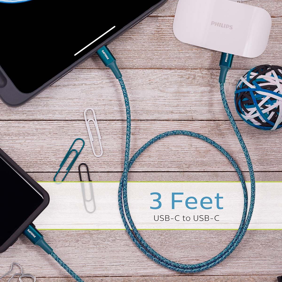 Philips 3ft. USB-C to USB-C Braided Charging Cable, Emerald