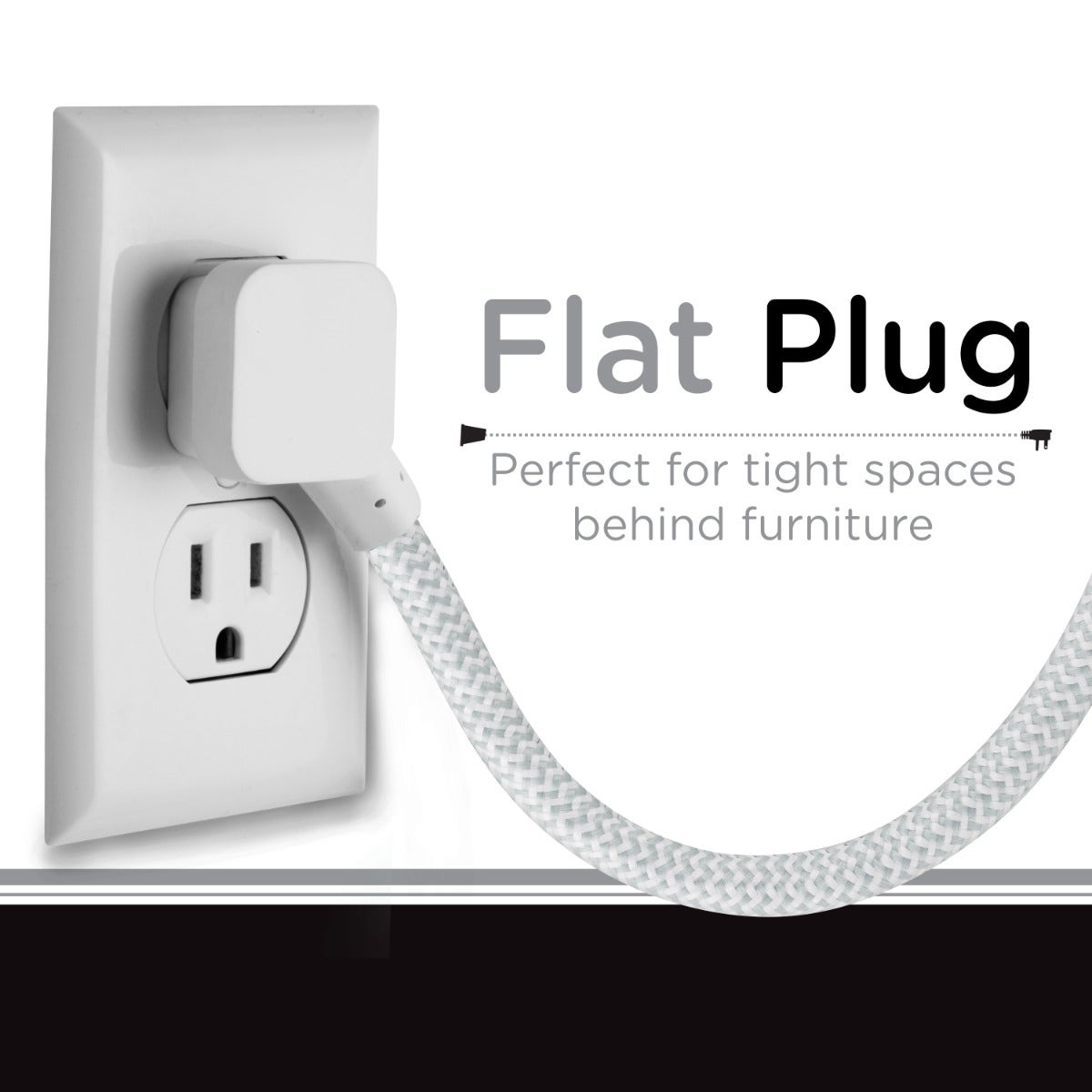 Cordinate 3-Outlet 2-USB 5ft. Braided Extension Cord Cube, White