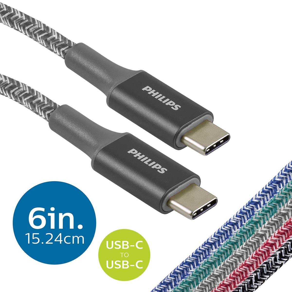Philips 6in. USB-C to USB-C Braided Charging Cable, Gray