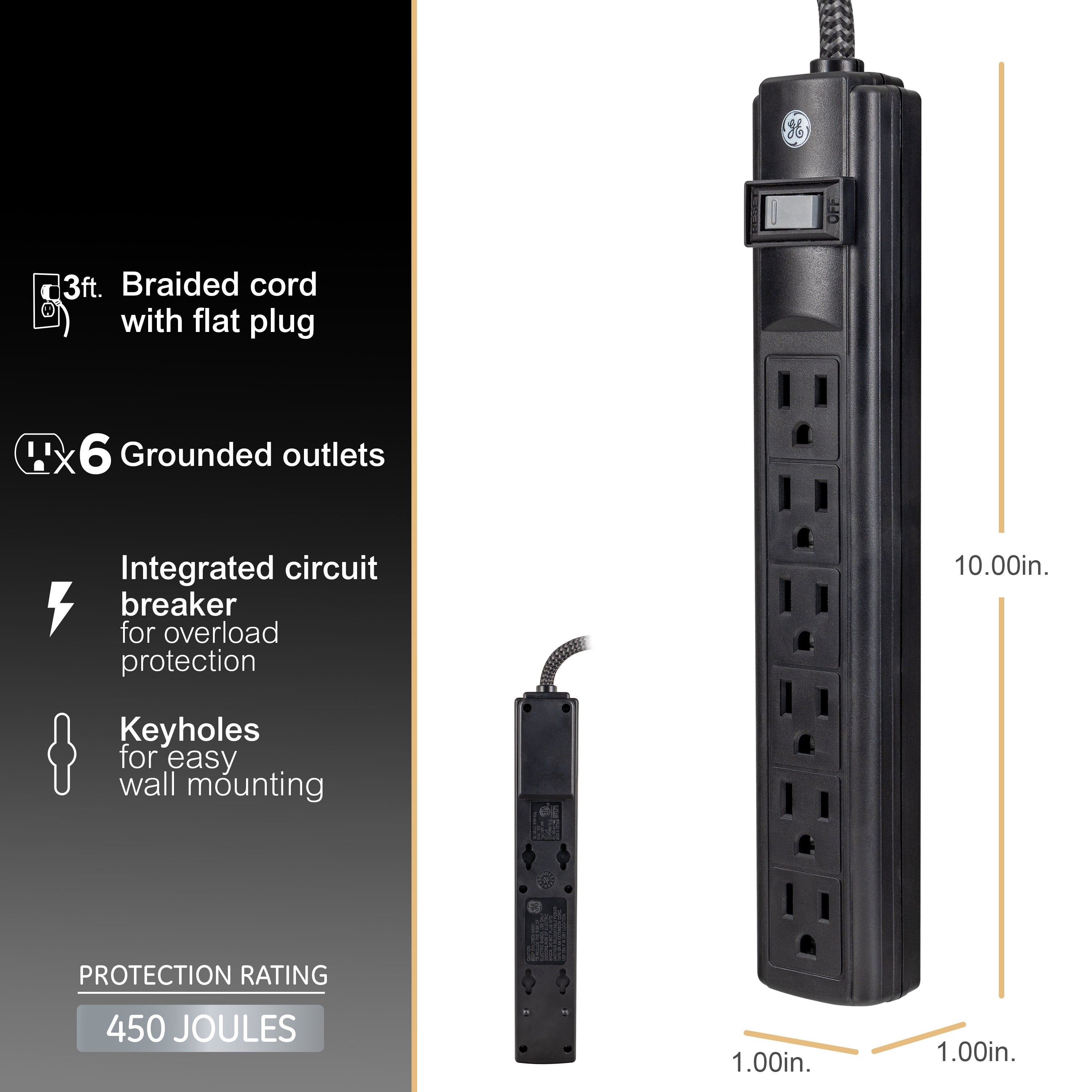 GE 6-Outlet 3ft. Surge Protector, 2 Pack, Black