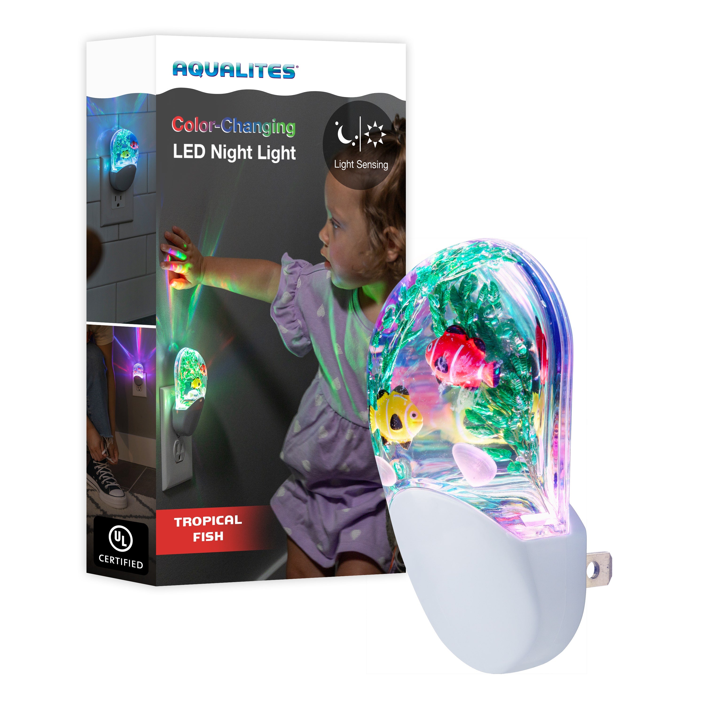 Jasco Aqualites Tropical Fish Light Sensing Plug-In Color-Changing LED Night Light, White