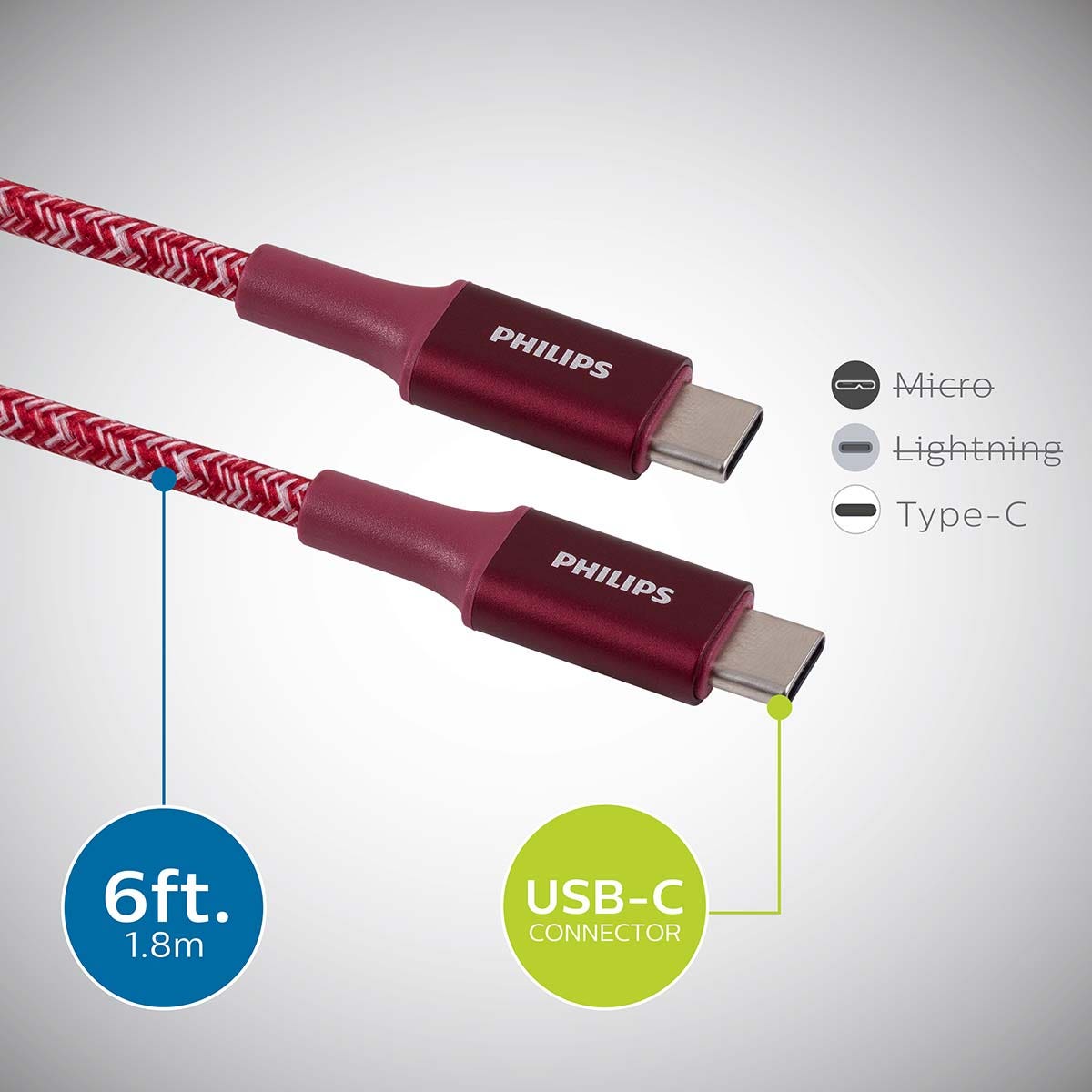 Philips 6ft. USB-C to USB-C Braided Charging Cable, Brick Red