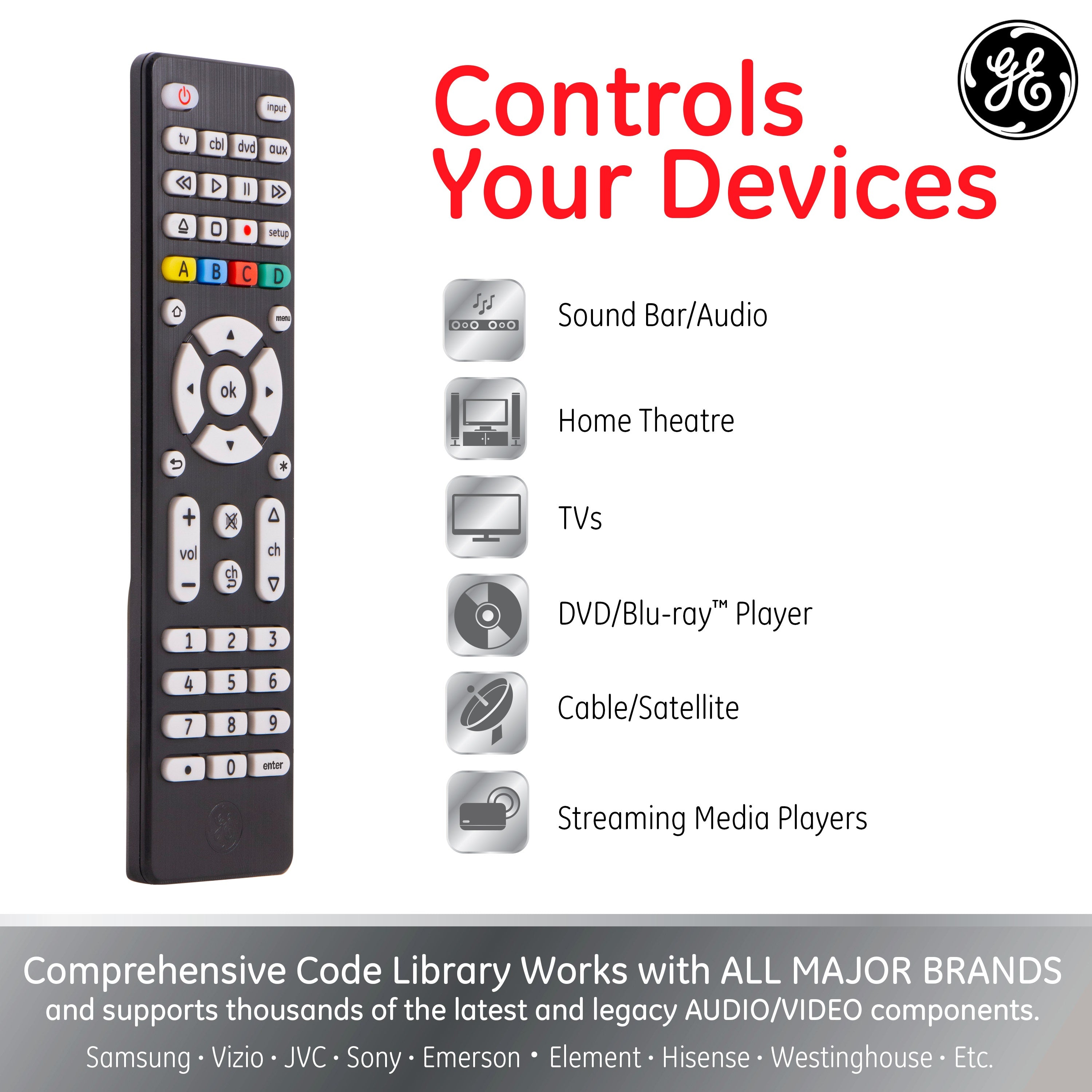 GE 4-Device Universal Remote, Brushed Black