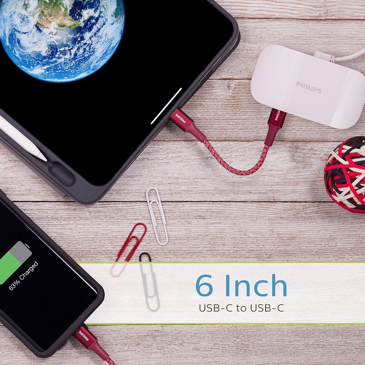 Philips 6in. USB-C to USB-C Braided Charging Cable, Brick Red