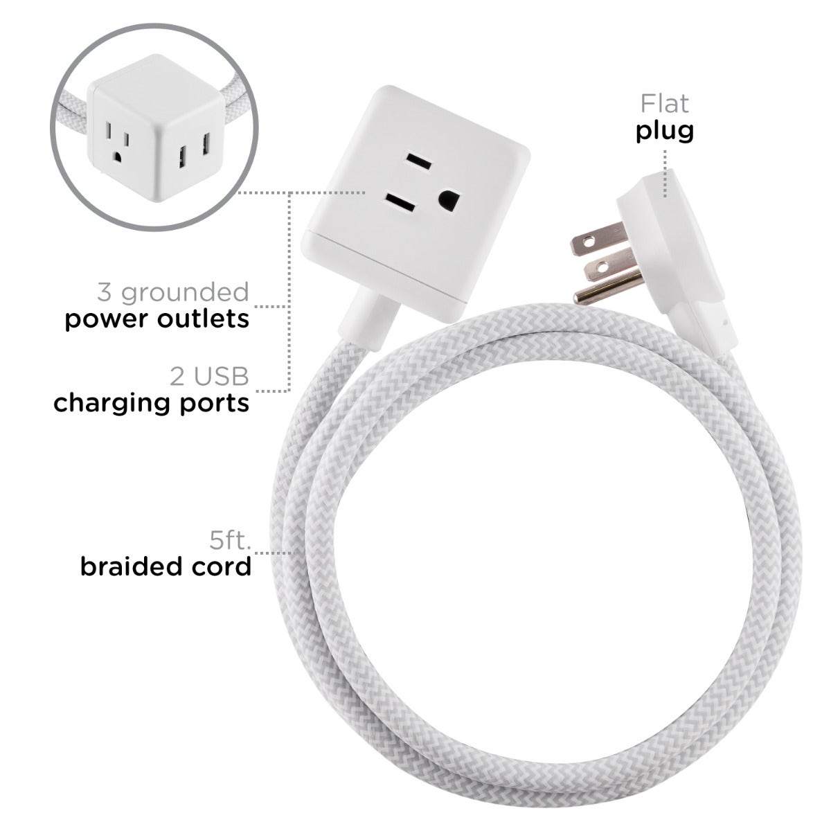 Cordinate 3-Outlet 2-USB 5ft. Braided Extension Cord Cube, White