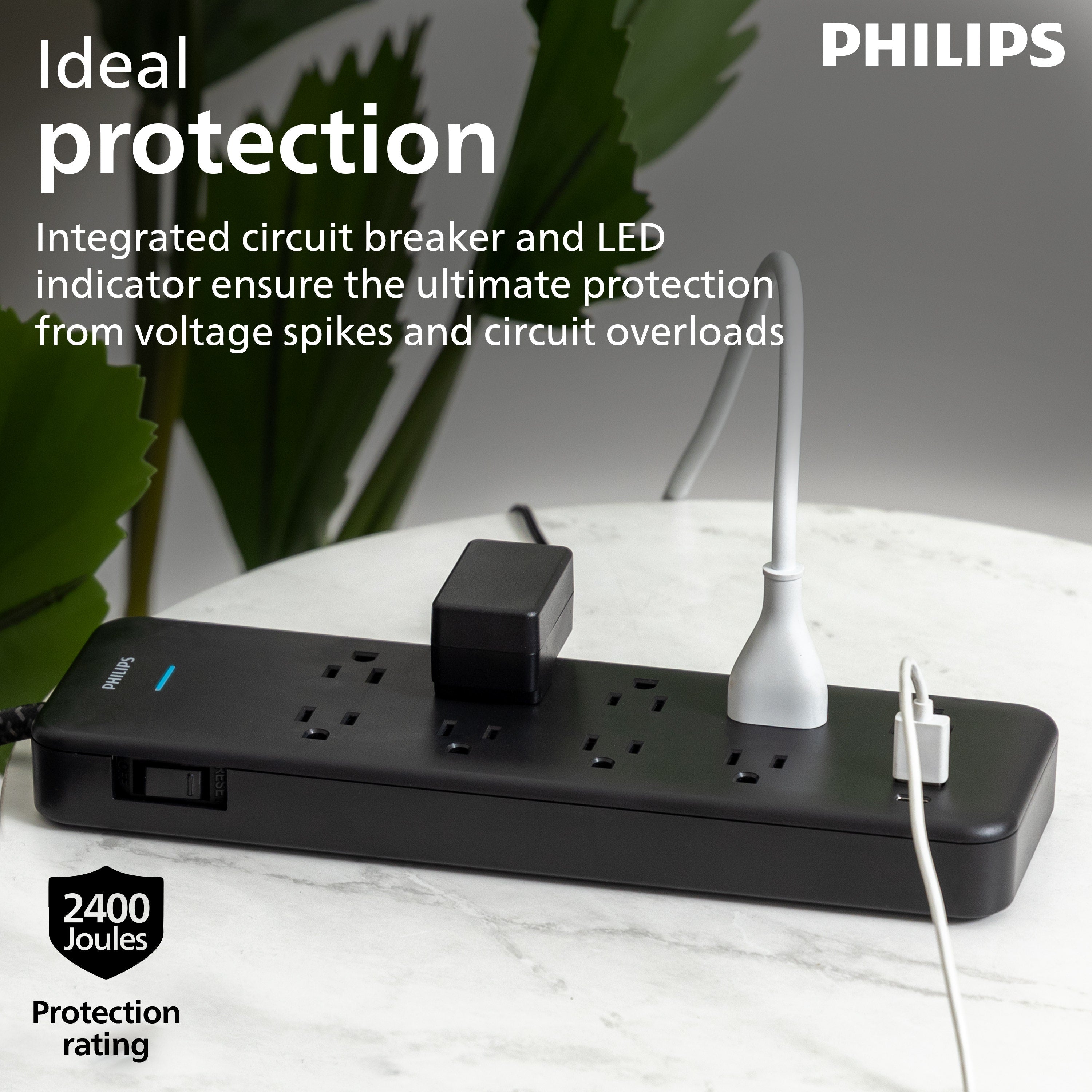 Philips 9-Outlet 6ft. 1 USB-A 1 USB-C Surge Protector With Adapter-Spaced Outlets, Black