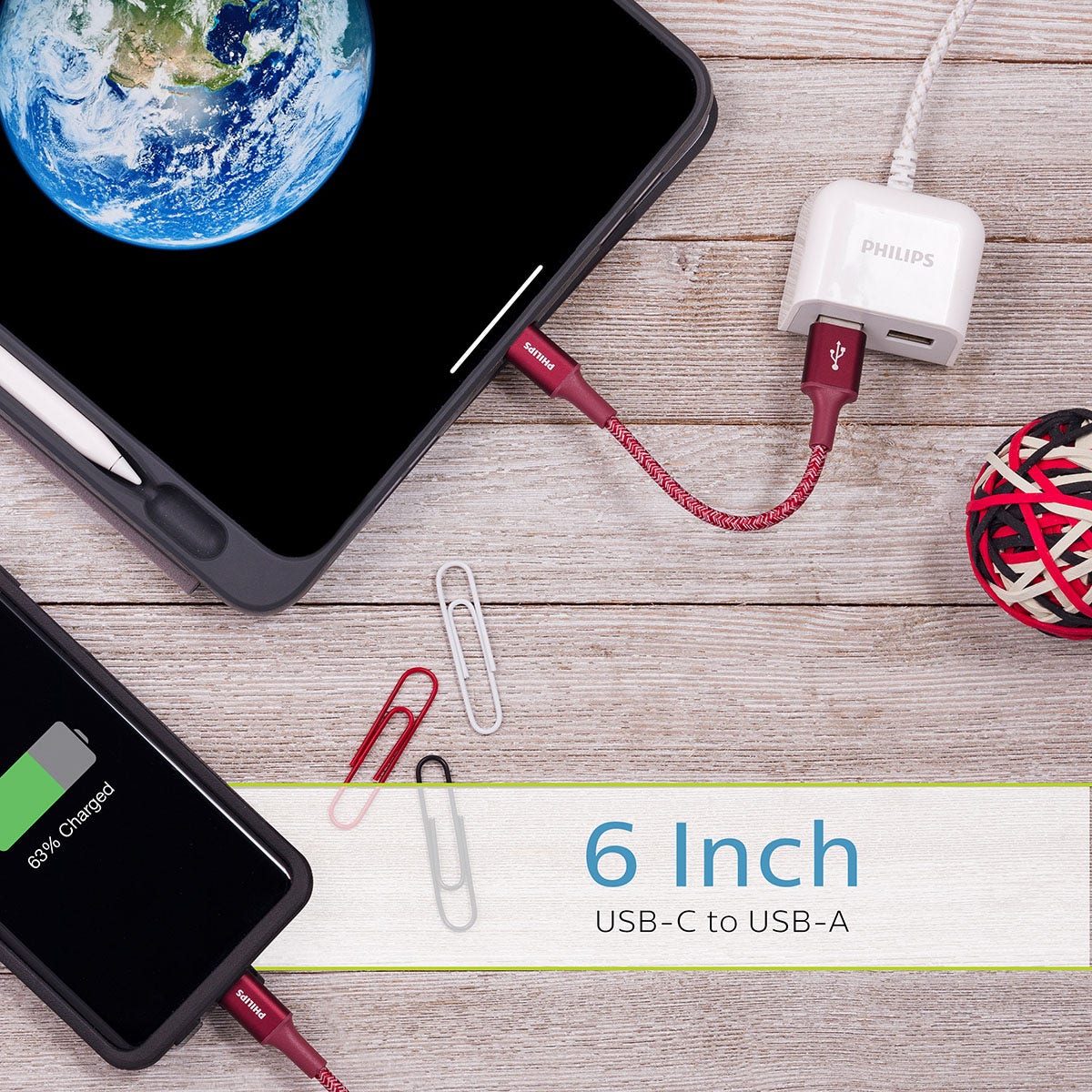 Philips 6in. USB-A to USB-C Braided Charging Cable, Brick Red
