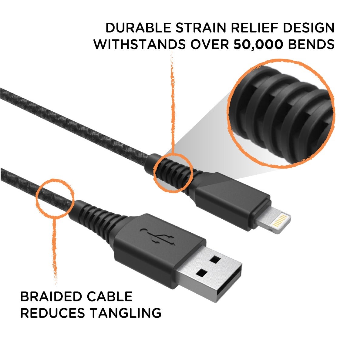 EcoSurvivor 8ft. USB-A to Lightning Charging Cable with Braided Cord, Black/Gray