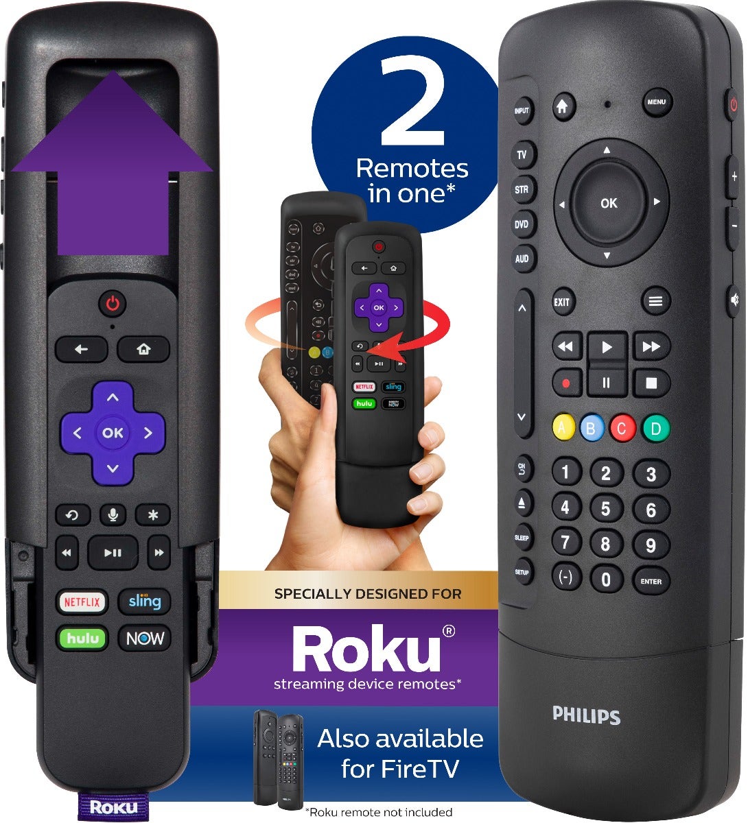 Philips 4-Device Universal Companion Remote for Roku with Flip and Slide Cradle, Black