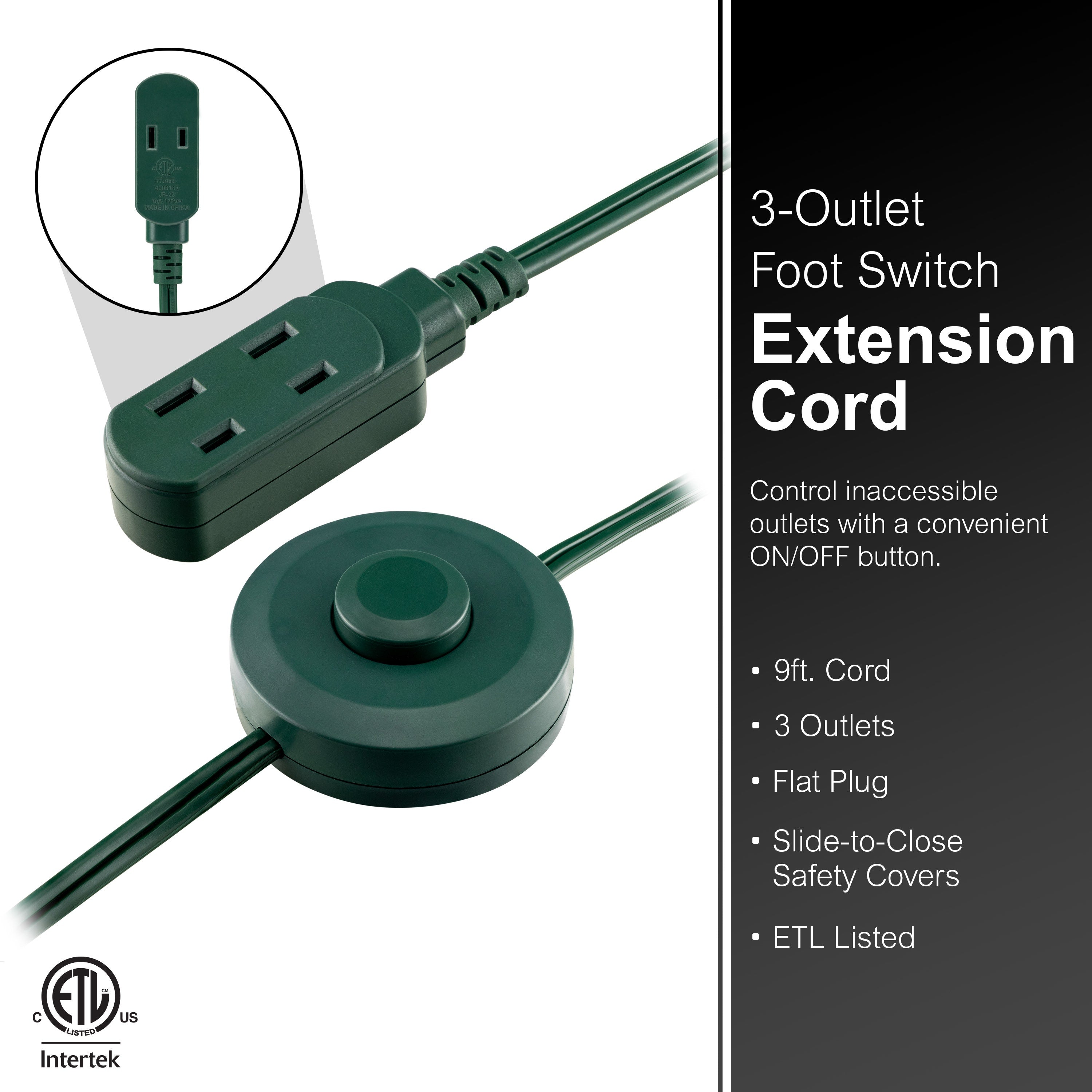 GE 3-Outlet 9ft. Extension Cord with Footswitch, Green