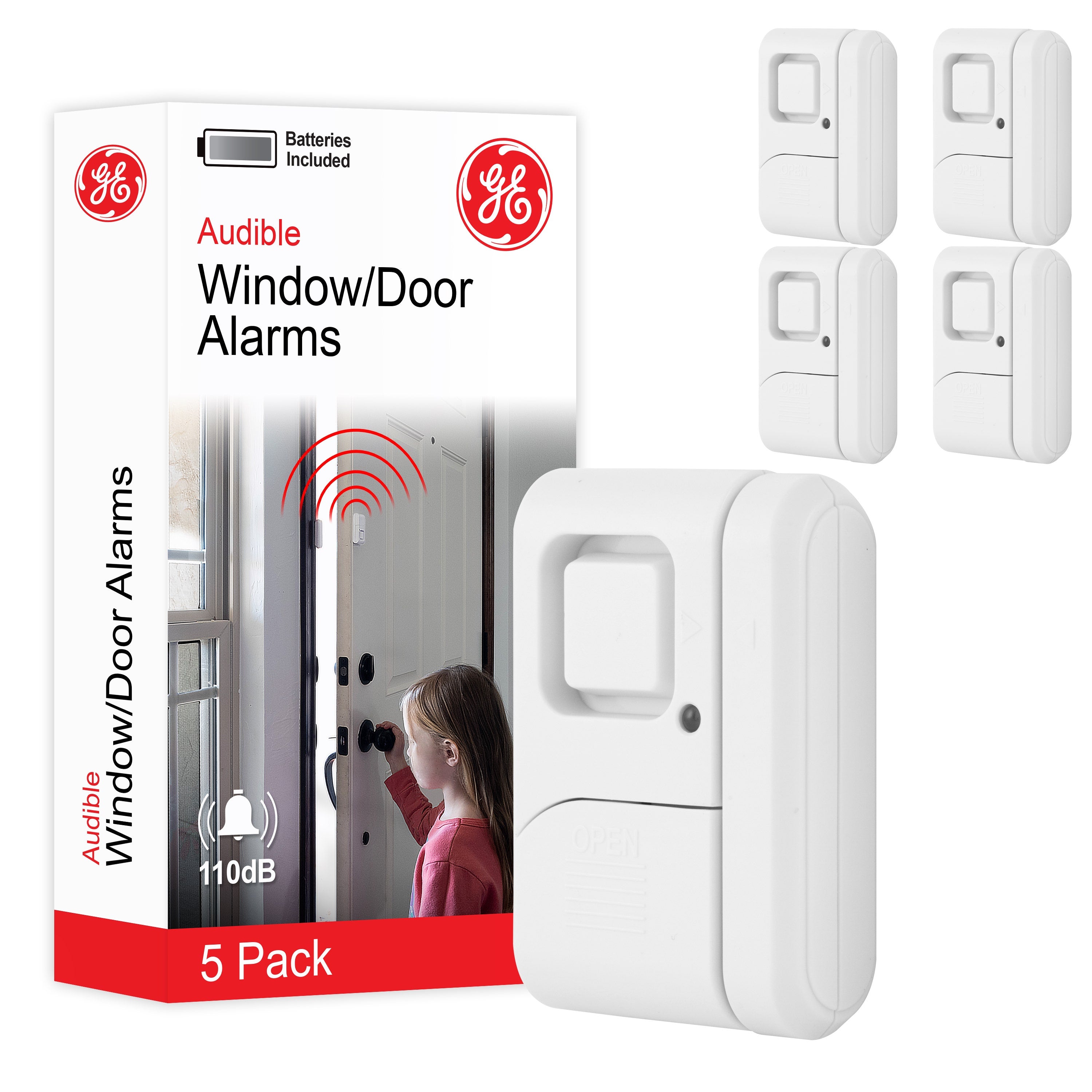 GE Battery-Operated Magnetic Window or Door Alarm, 5 Pack, White