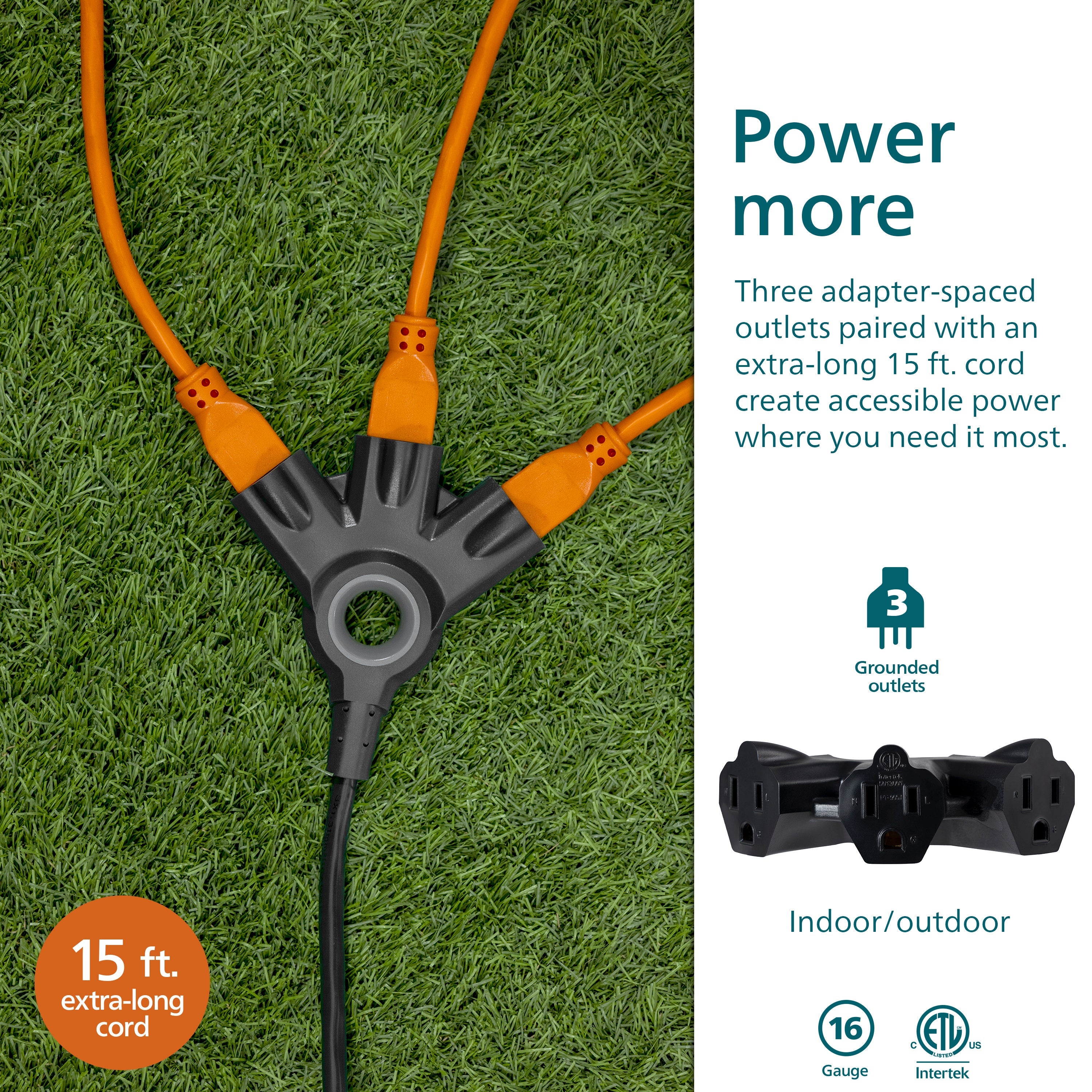 Philips EZGrip™ 3-Outlet 15ft. Indoor/Outdoor Extension Cord, Black