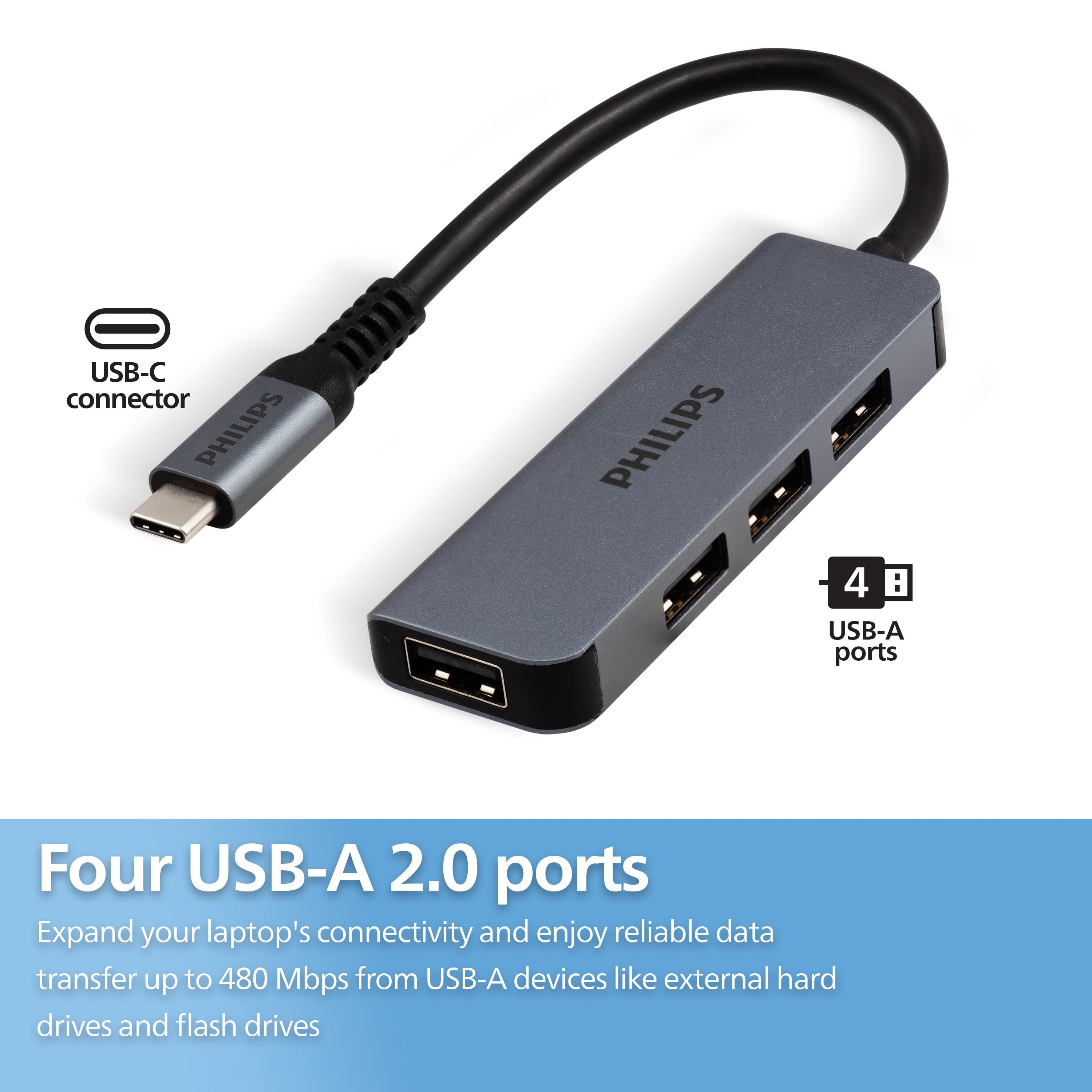 Philips USB-C to USB-A 4-Port Adapter, Silver