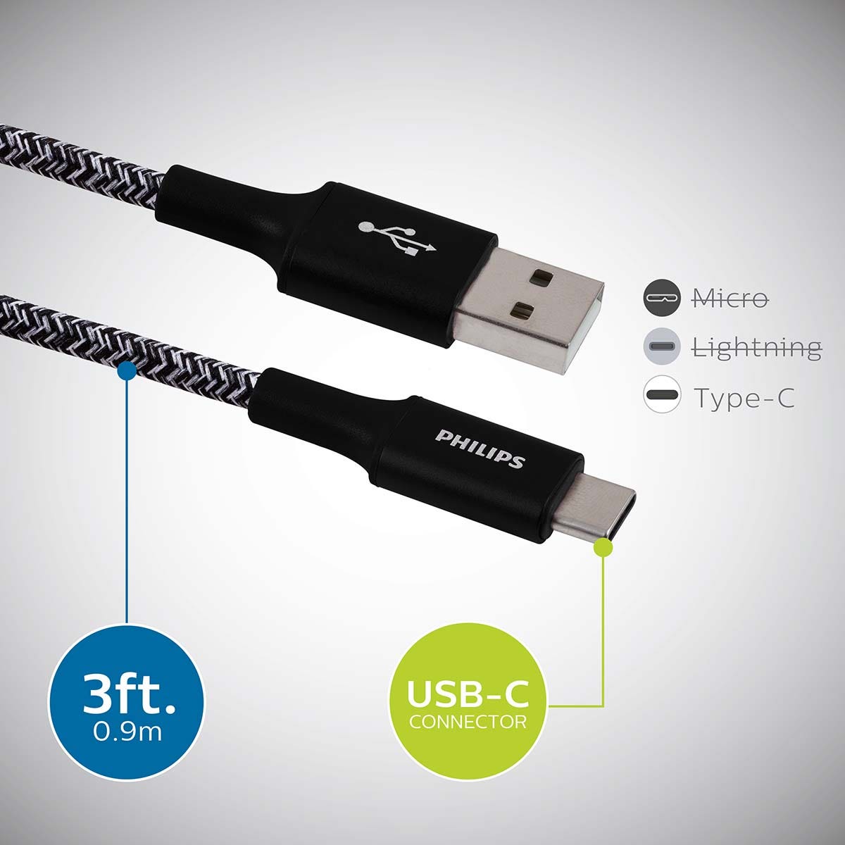 Philips 3ft. USB-A to USB-C Cable Braided Charging Cable, Black