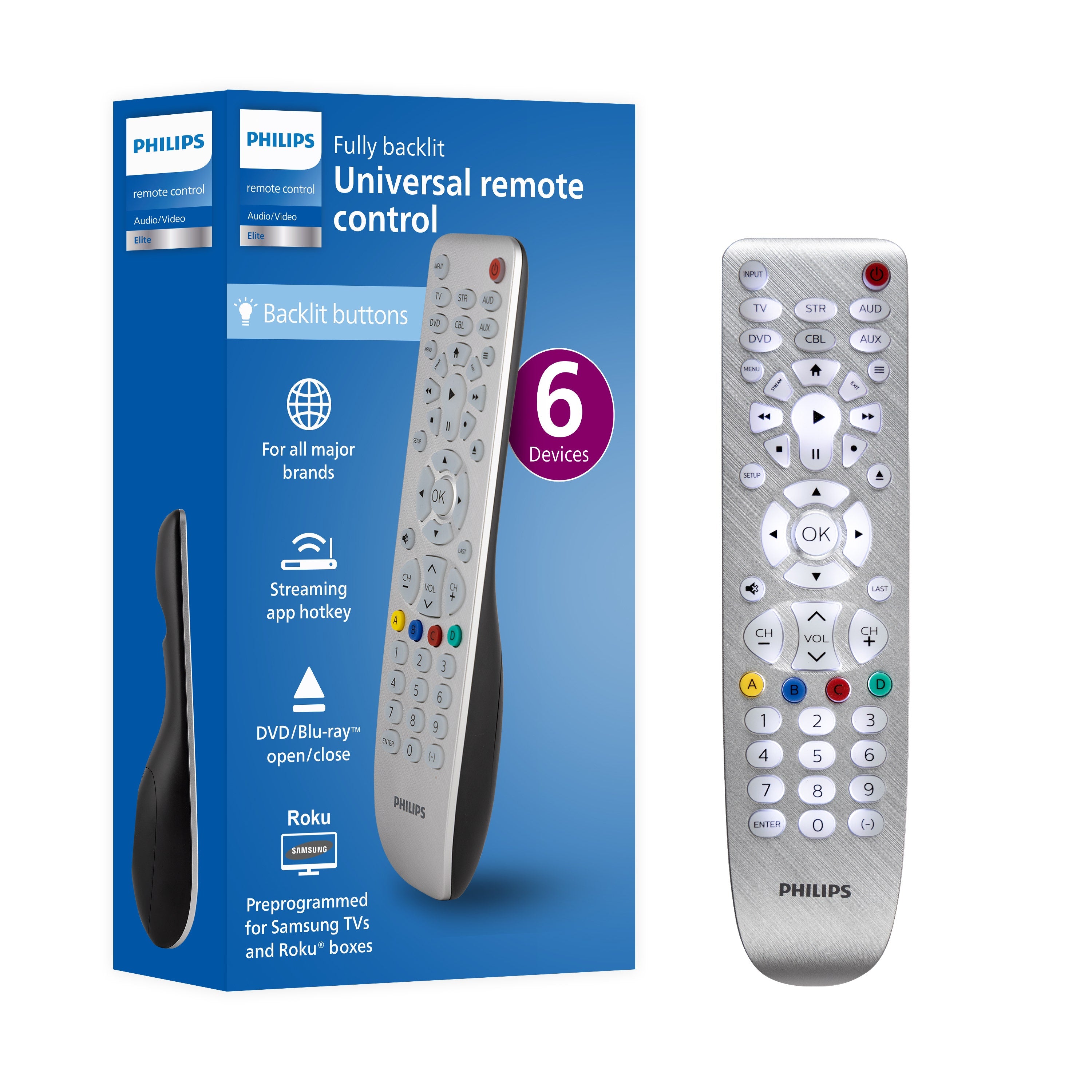 Philips Elite 6-Device Backlit Universal Remote, Brushed Silver