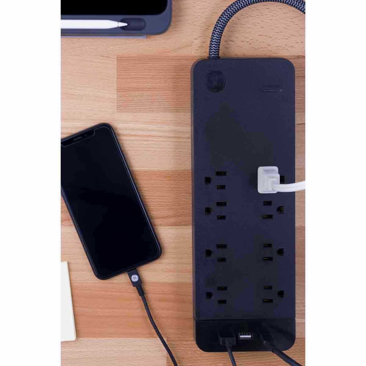 GE UltraPro 10-Outlet 2-USB 1-USB-C 8ft. Surge Protector, Black