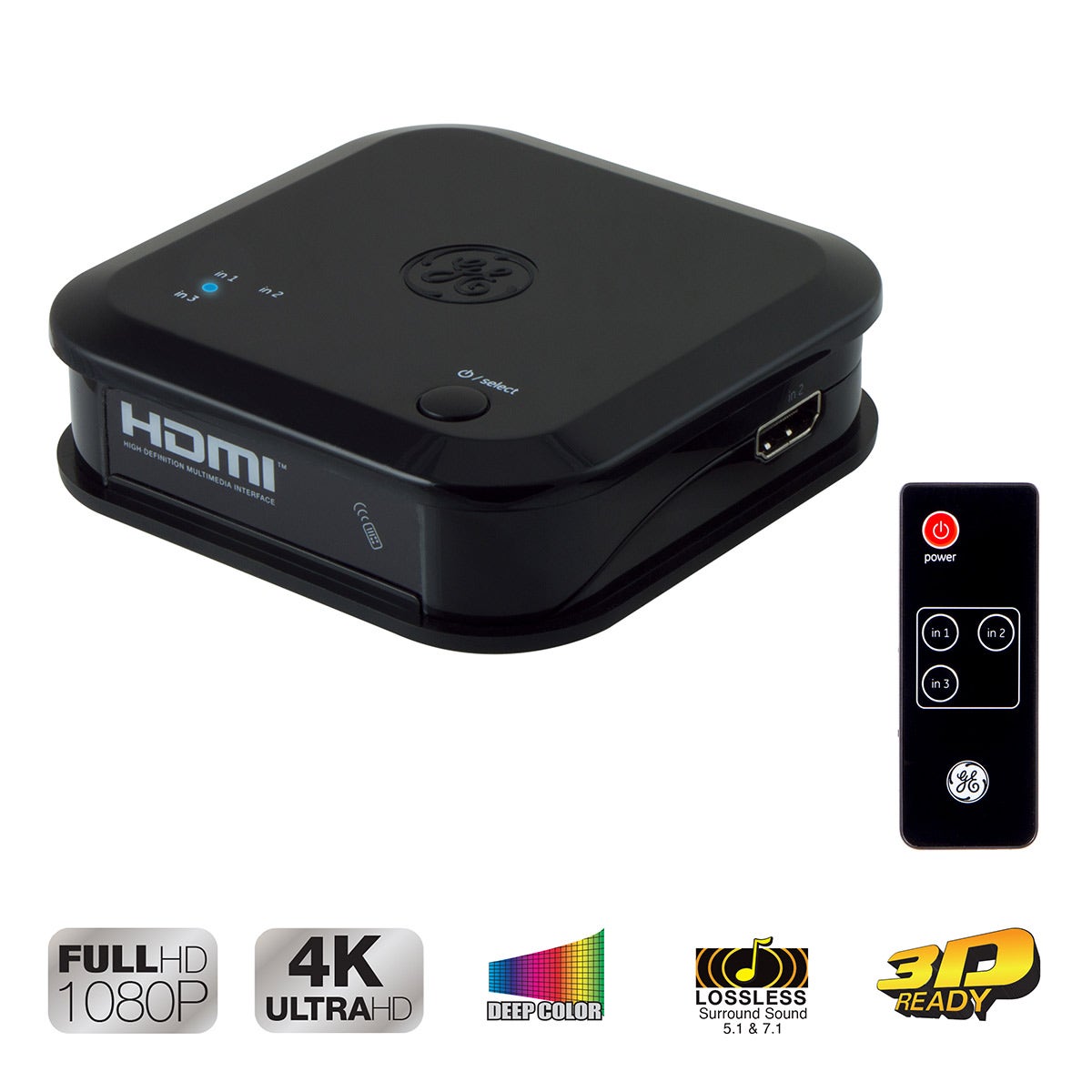 GE 3-Device HDMI Switch with Wireless Remote, Black