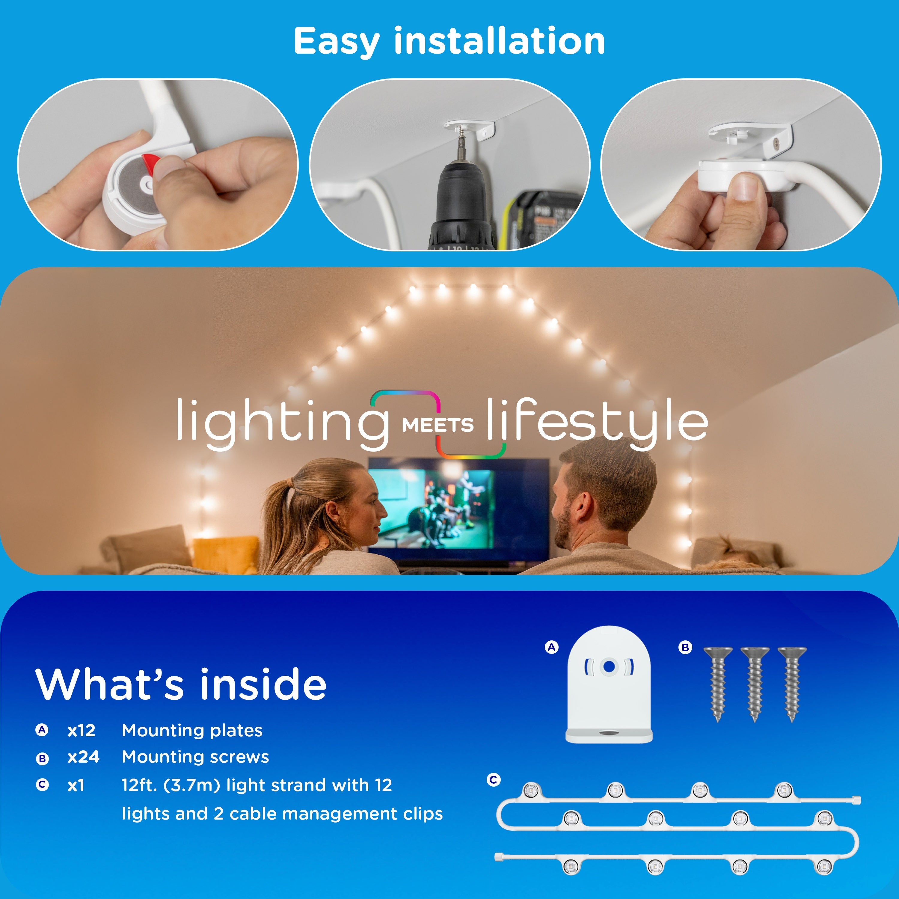 Enbrighten WiFi VIBE Spectrum Color-Changing Wall Lights Extension Strand, 12ft. White Cord