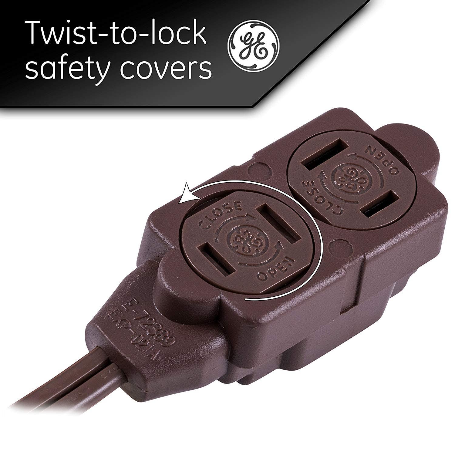 GE 3-Outlet 15ft. Extension Cord with Twist-to-Close Outlets, Brown