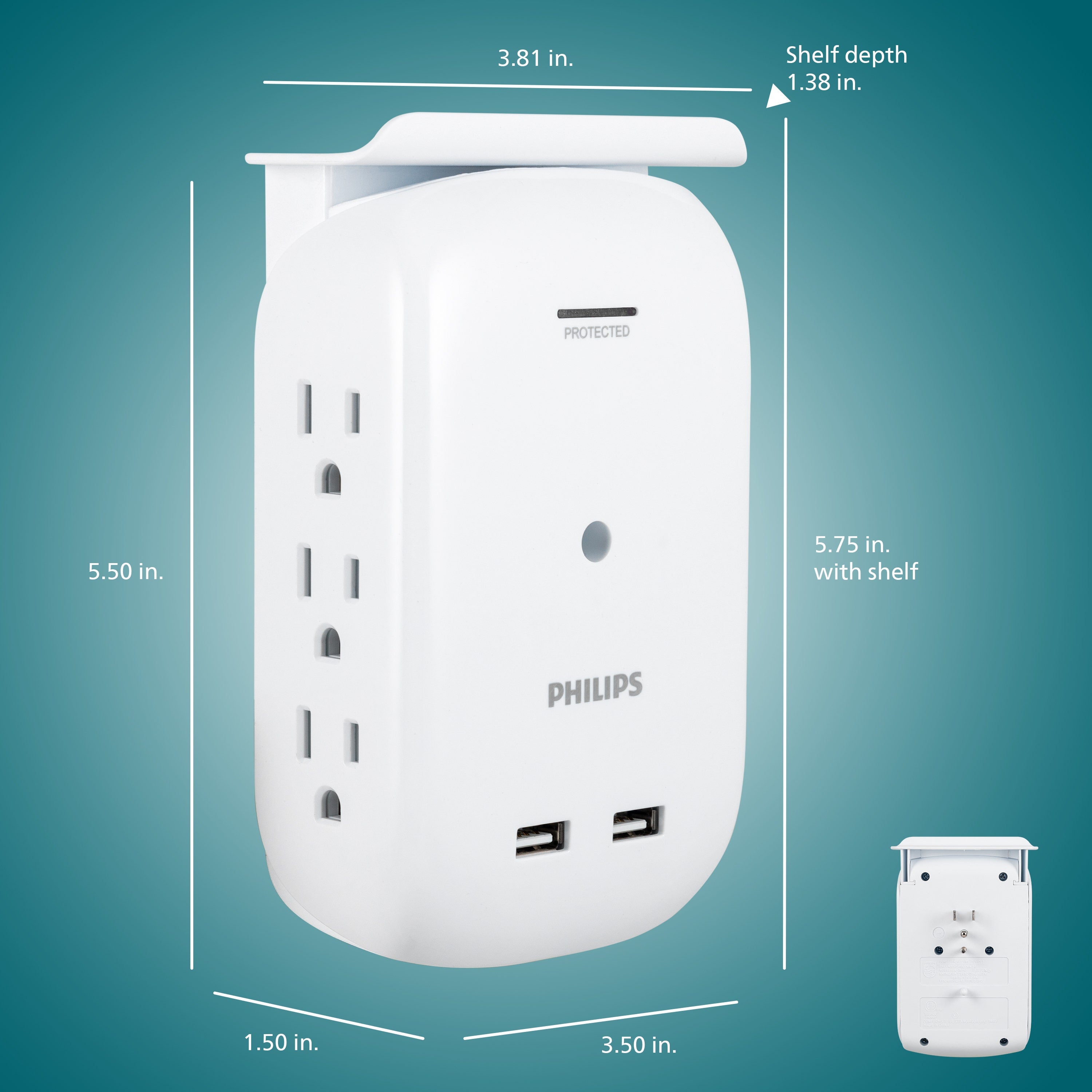 Philips Outlet 2-USB Wall Tap With Surge Protection And Device Shelf, White