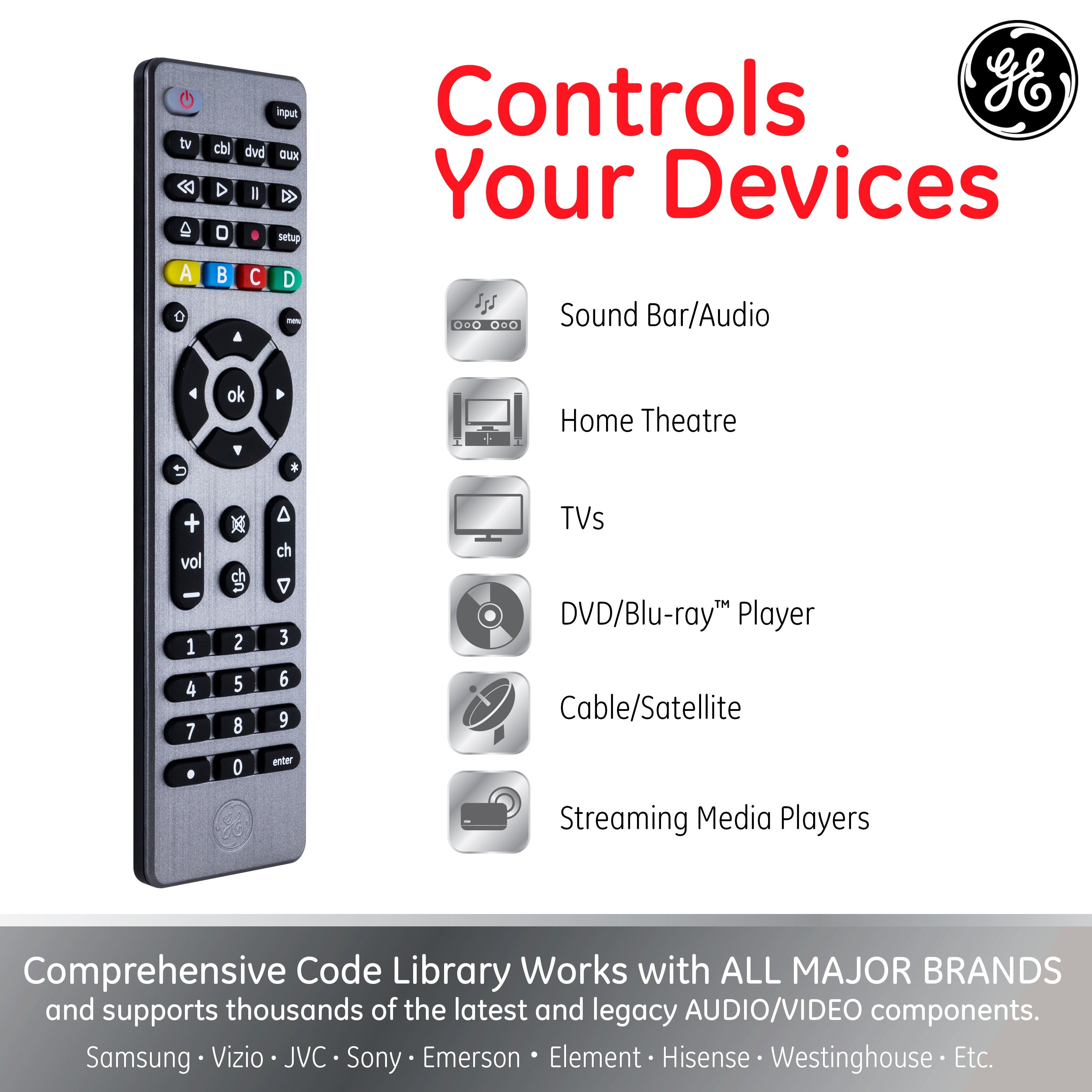 GE 4-Device Universal Remote, Brushed Graphite