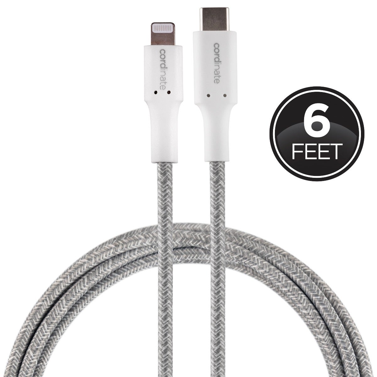 Cordinate 6ft. USB-C Lightning Charging Cable with Braided Cord, White/Gray