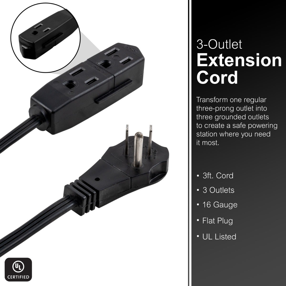 GE 3-Outlet 3ft. Extension Cord with Right Angle-Plug, 2 Pack, Black