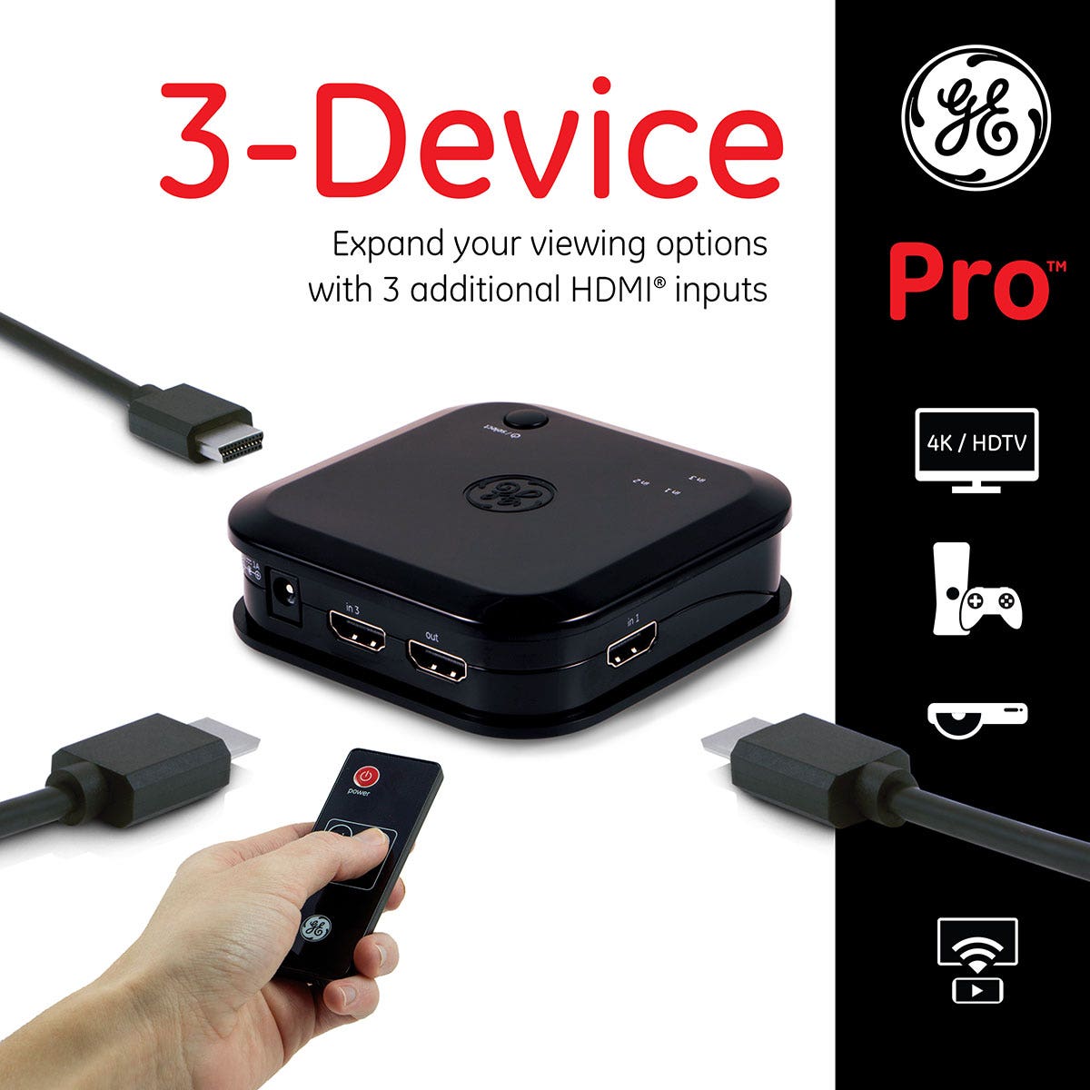 GE 3-Device HDMI Switch with Wireless Remote, Black