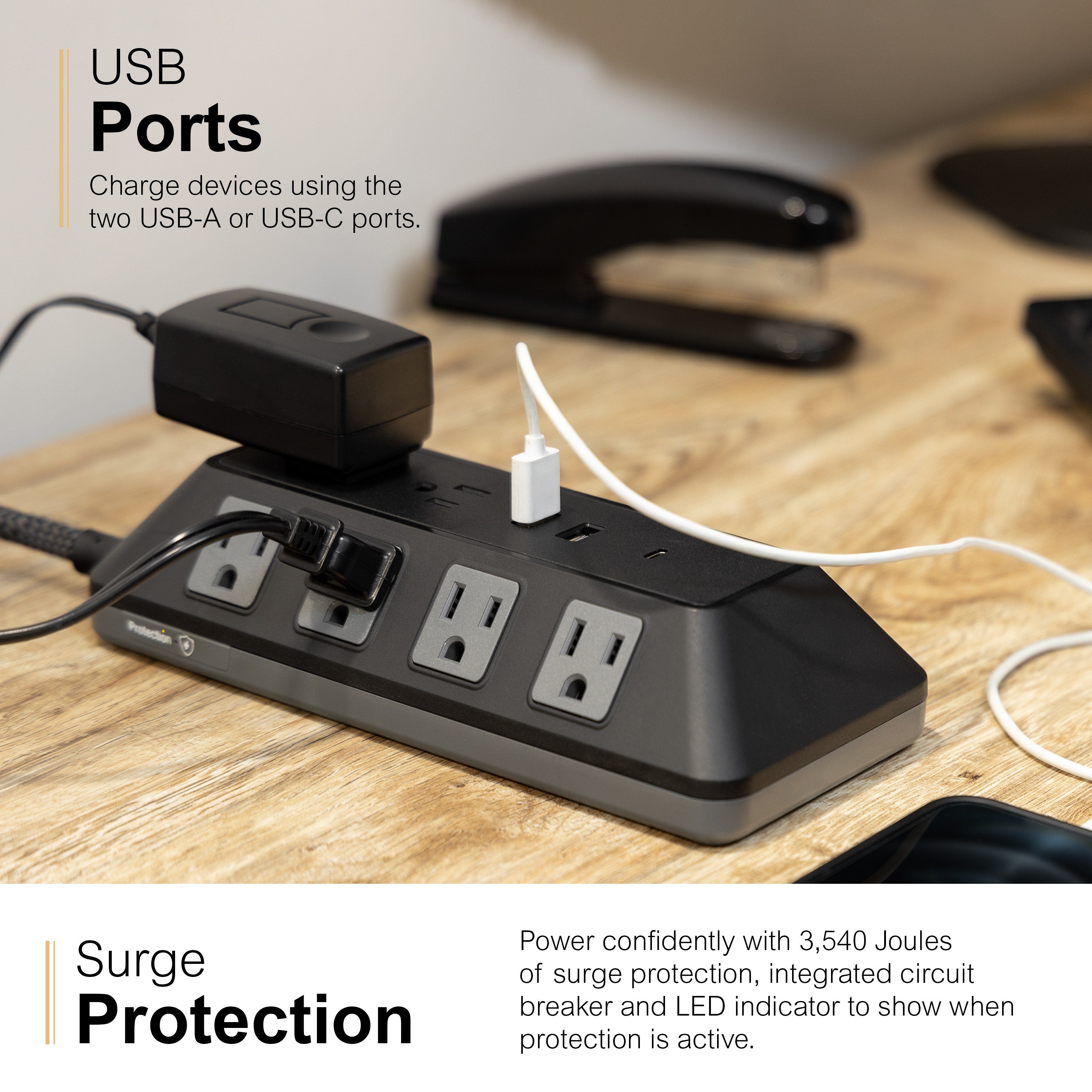 GE 10-Outlet 3-USB 4ft. Surge Protector with Adapter-Spaced Outlets, Black