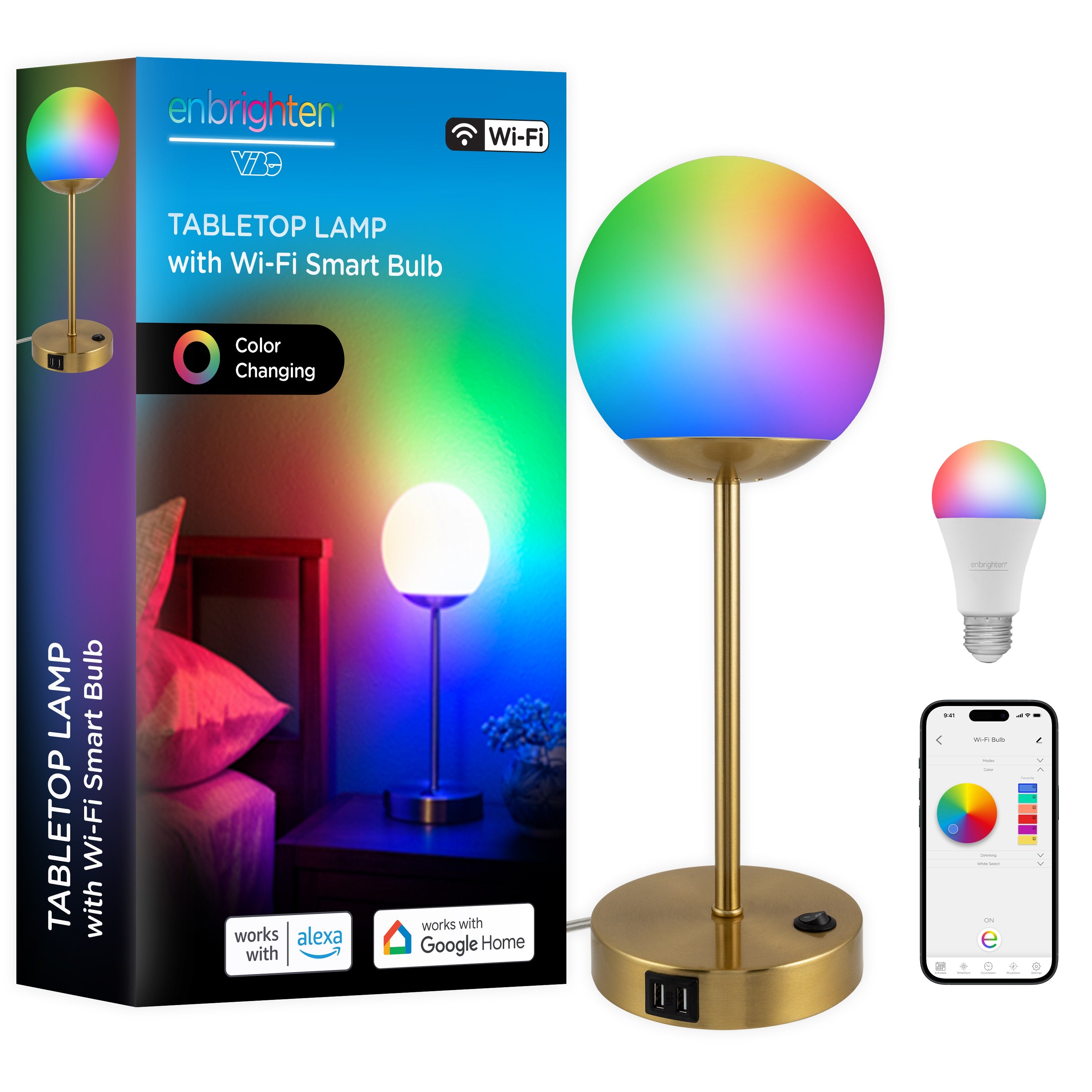 Enbrighten WiFi VIBE Color-Changing LED Tabletop Lamp with USB Charging, Brass