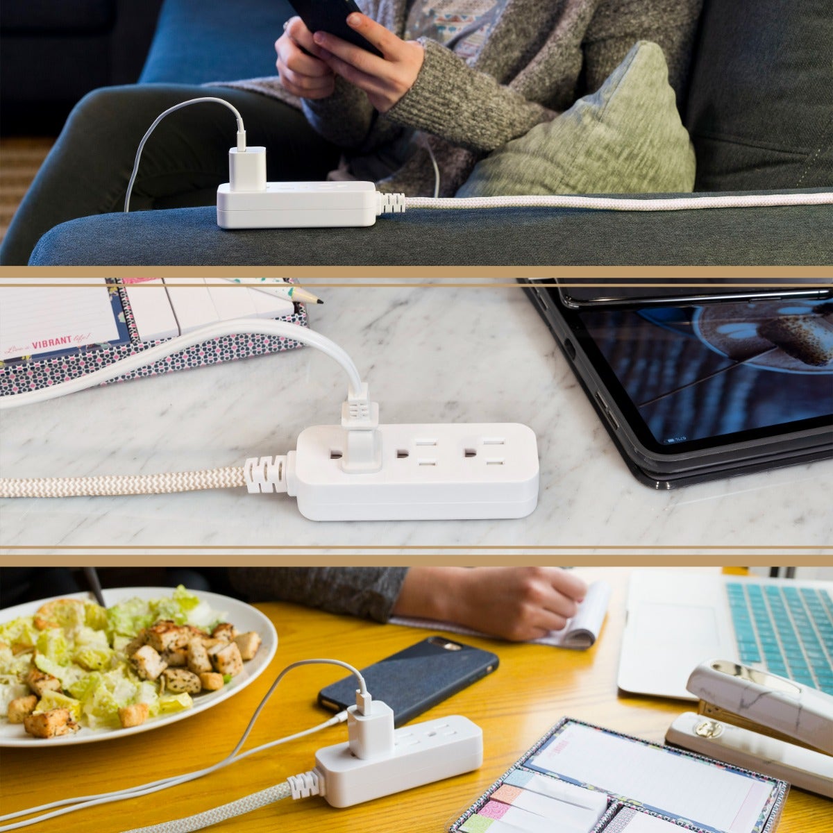 Cordinate 3-Outlet 10ft. Braided Extension Cord with Surge Protection, White/Tan