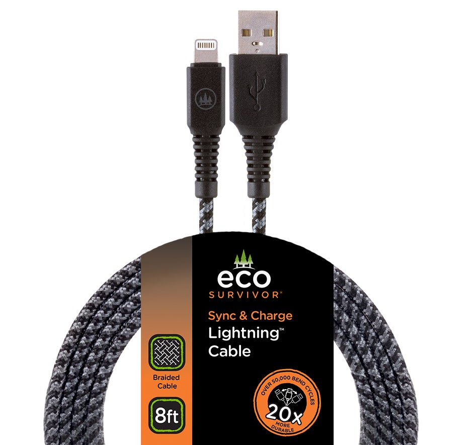 EcoSurvivor 8ft. USB-A to Lightning Charging Cable with Braided Cord, Black/Gray