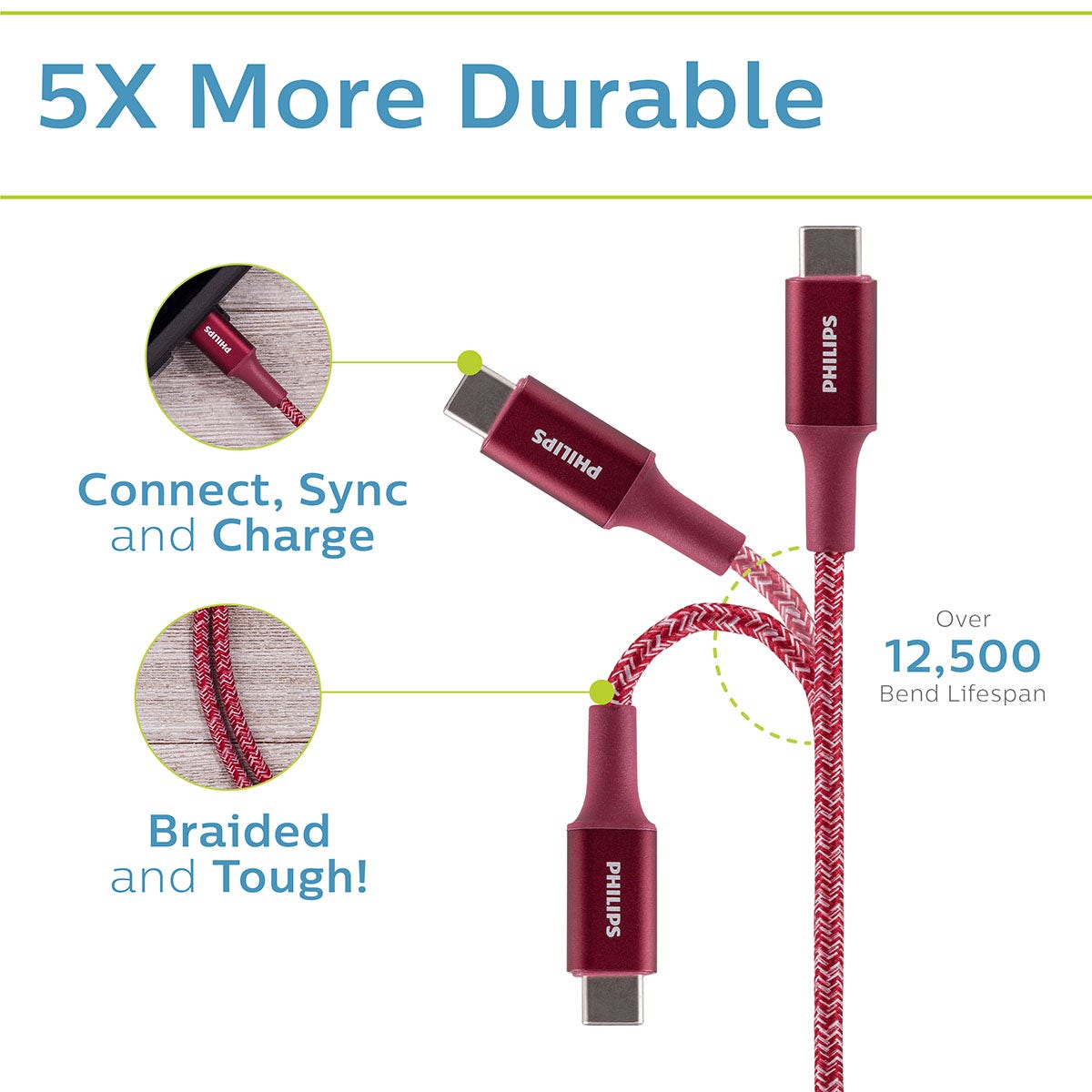 Philips 6in. USB-A to USB-C Braided Charging Cable, Brick Red