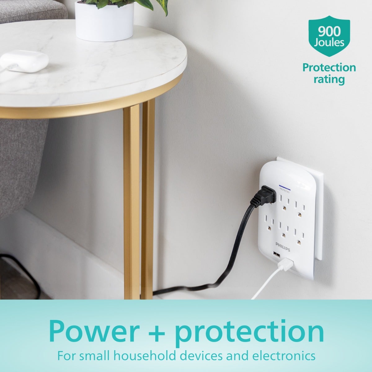 Philips 6-Outlet 2-USB Wall Tap with Surge Protection, White