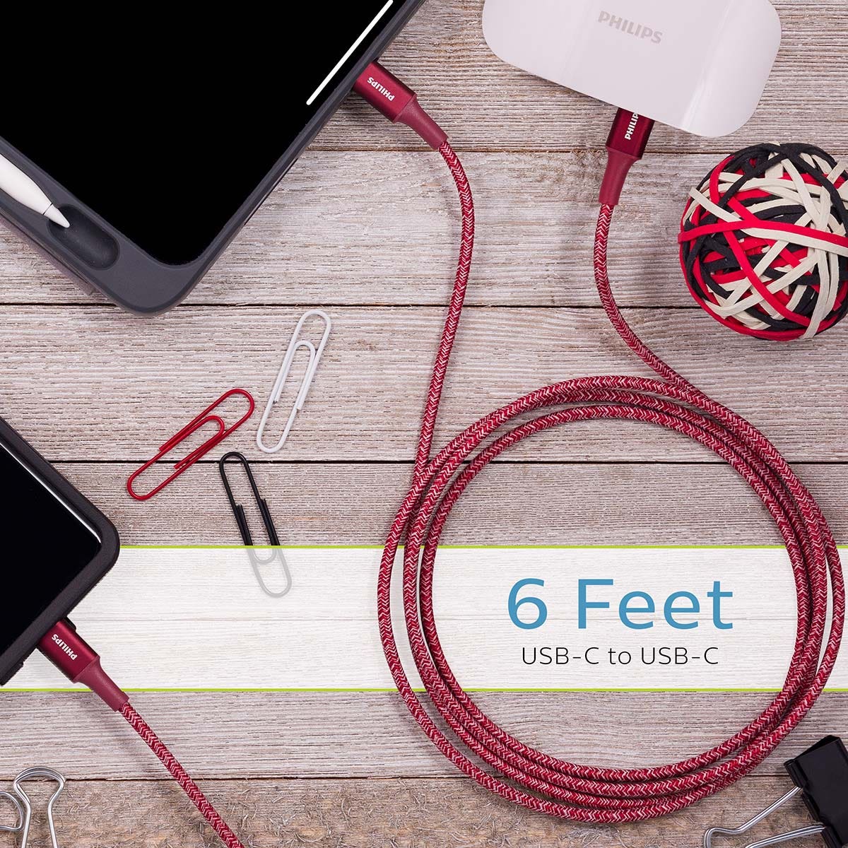 Philips 6ft. USB-C to USB-C Braided Charging Cable, Brick Red