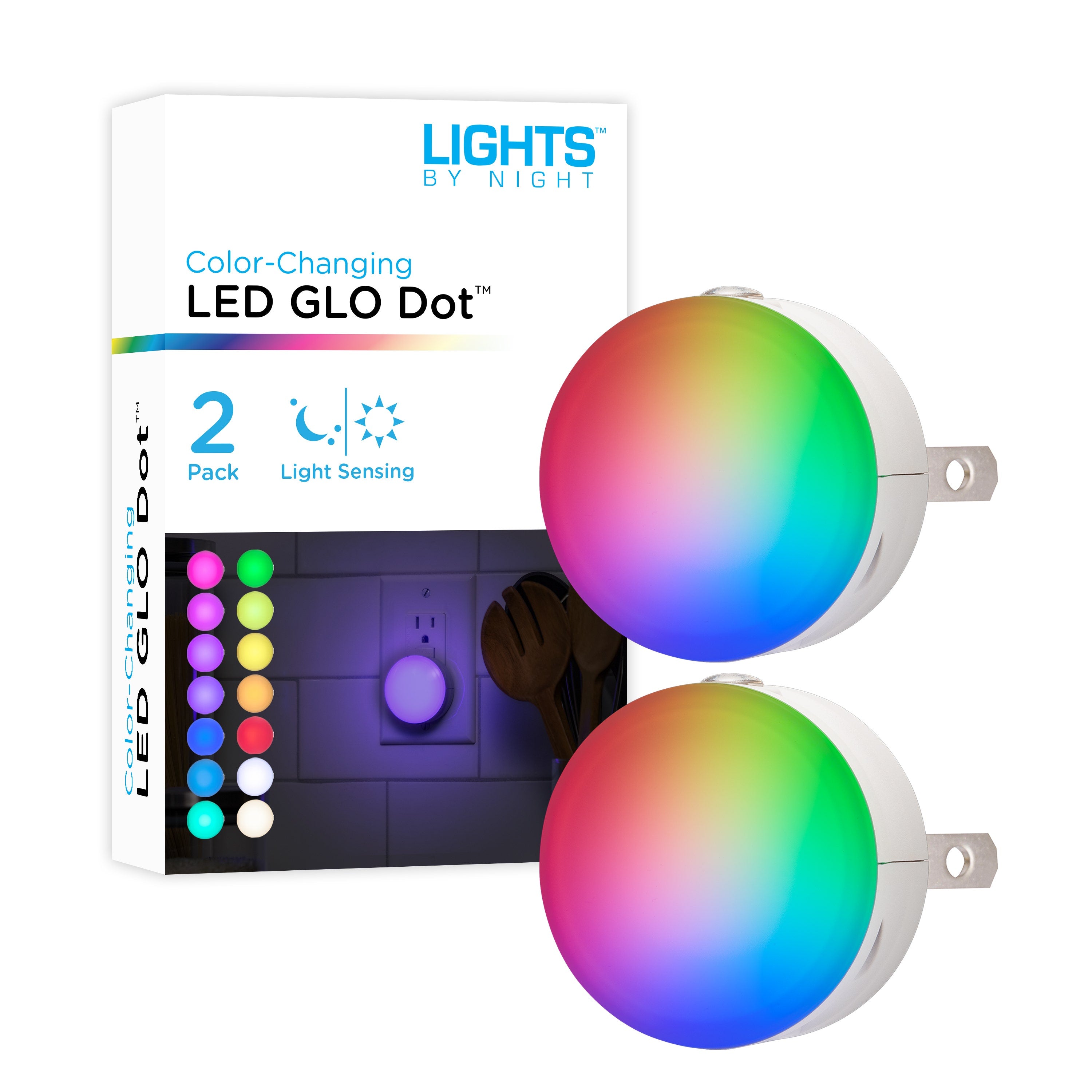 Lights By Night Color Changing GLO Dot Light Sensing LED Night Light, 2 Pack, White