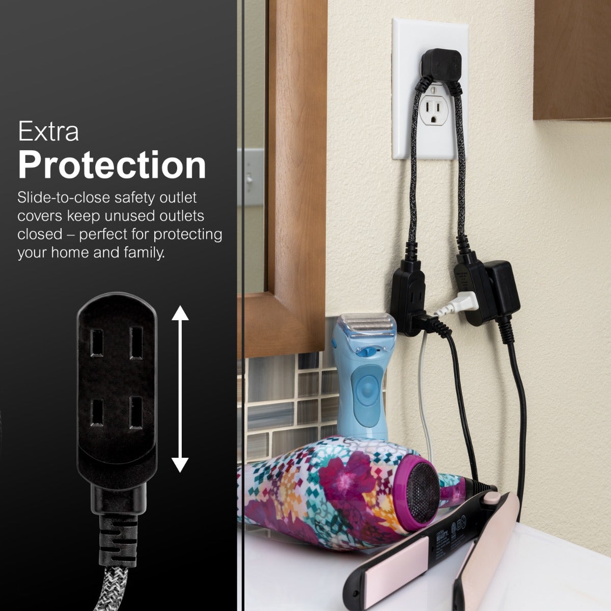 GE 3-Outlet 10in. Dual Split Extension Cord, Black